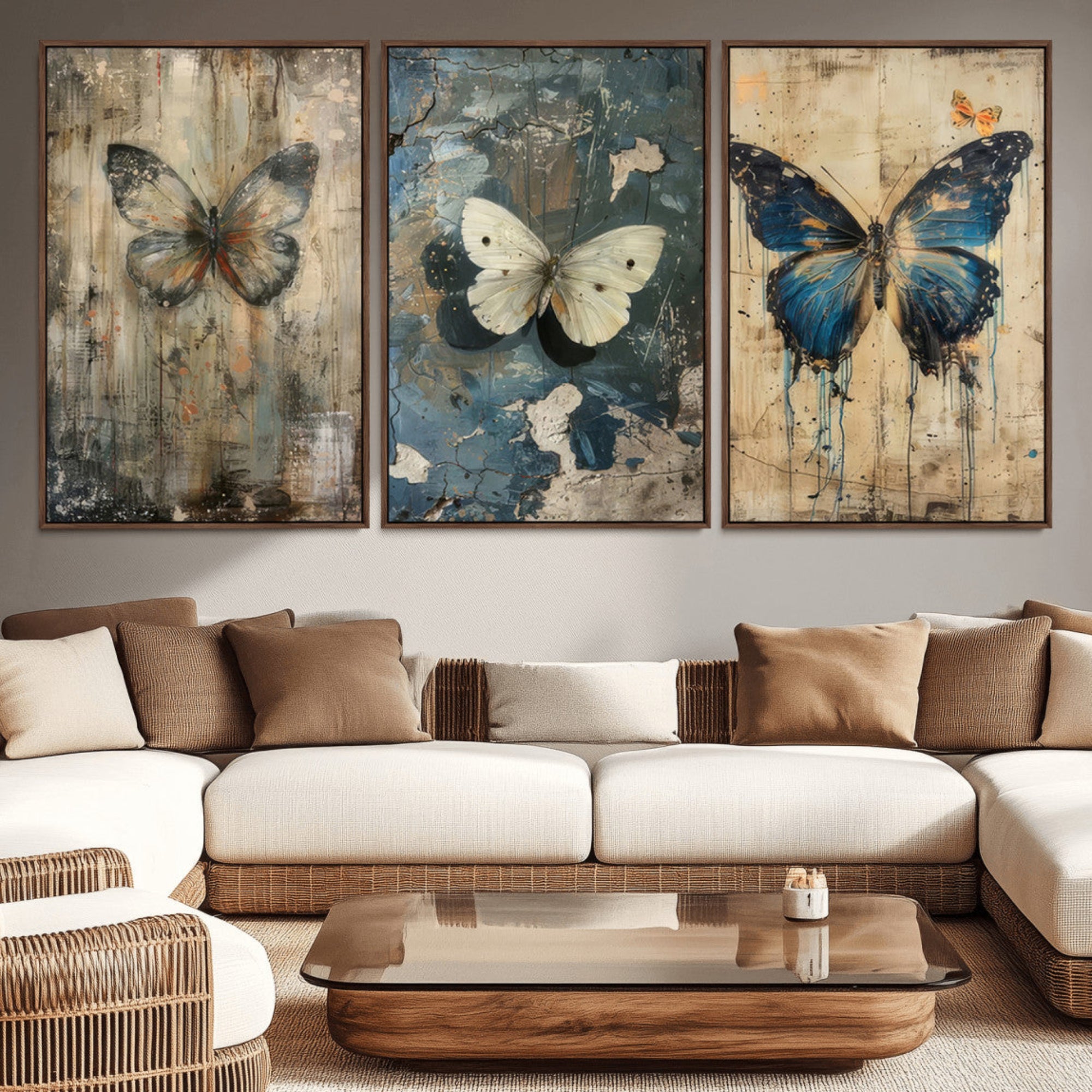 15201-MGV-CV-36X24-Butterfly Wall Art Trio | Vintage Butterfly Canvas Print | Ready to Hang Framed Artwork for