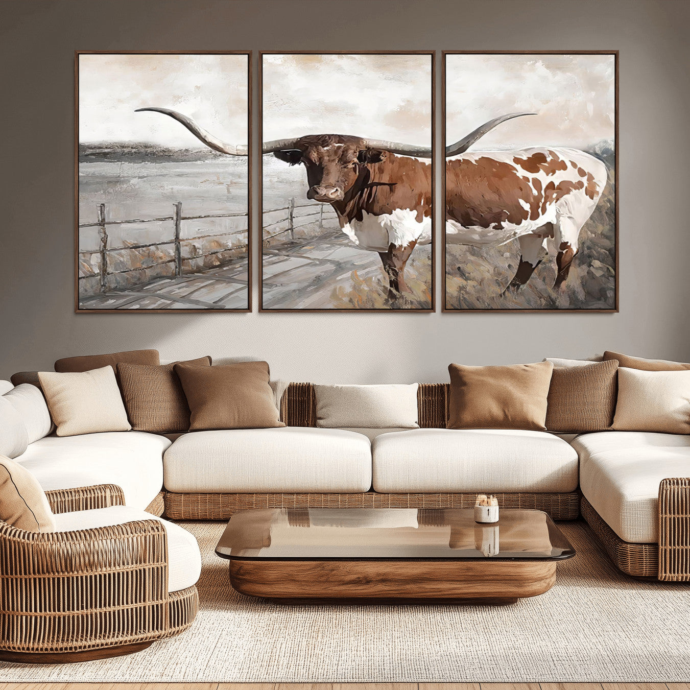 -Vintage Texas Cow Wall Art Canvas Print, Rustic Longhorn Wall Art | Canvas Print for Farmhouse Decor