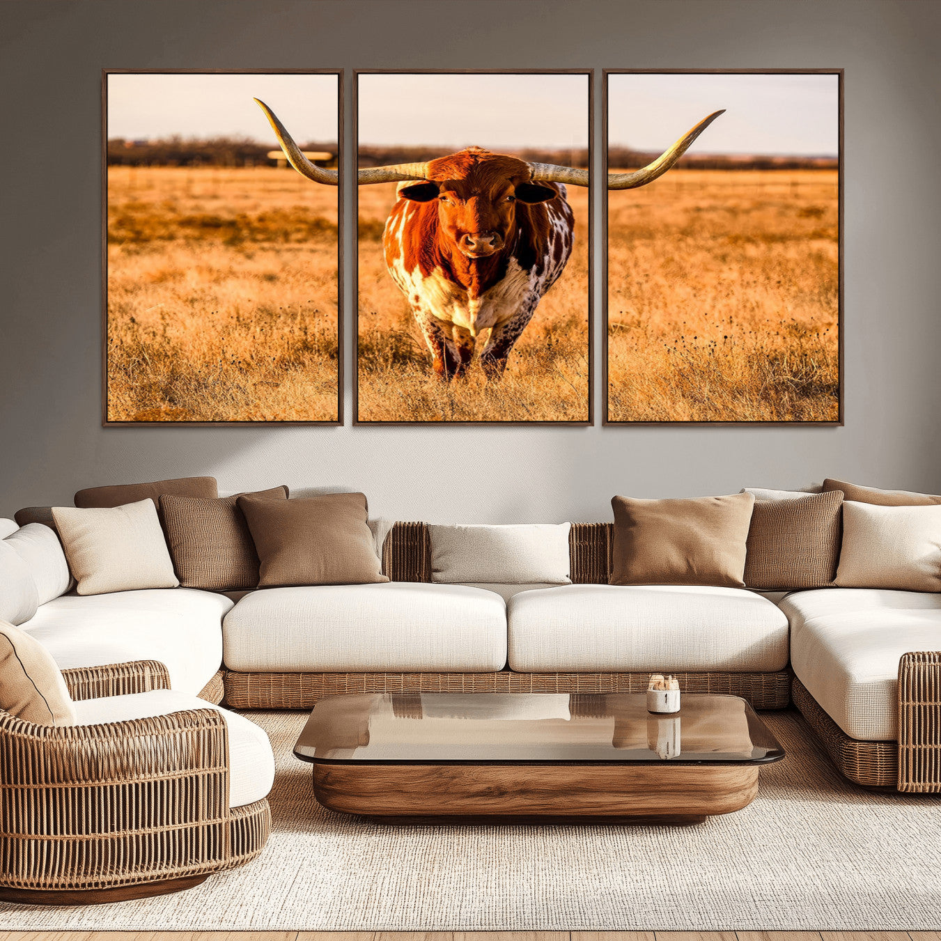 -Longhorn Cow Wall Art | Ready to Hang Framed Canvas Print for Farmhouse and Barn Decor