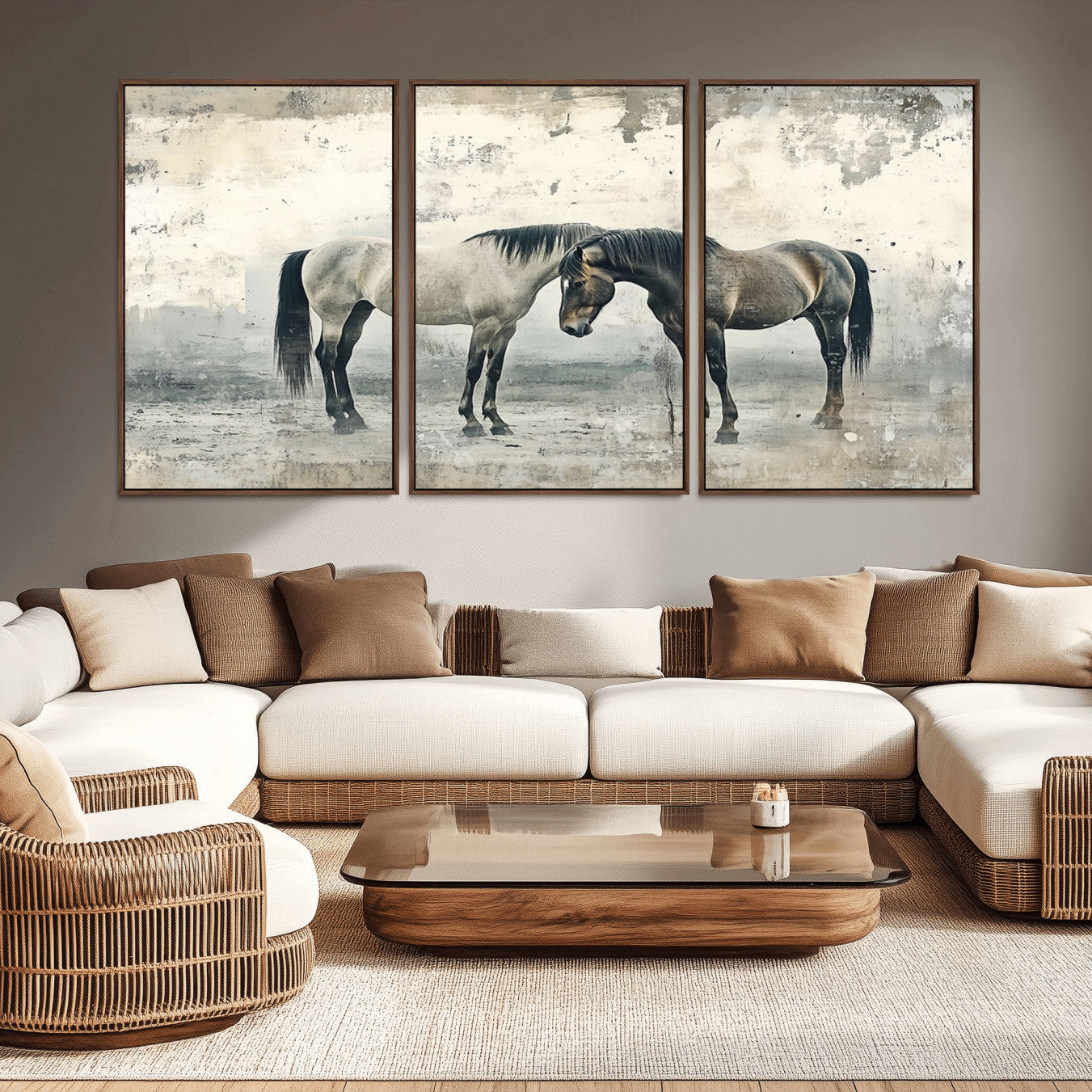 -Chines Style Majestic Horses Wall Art | Ready to Hang and Framed Triptych Print | Western Farmhouse