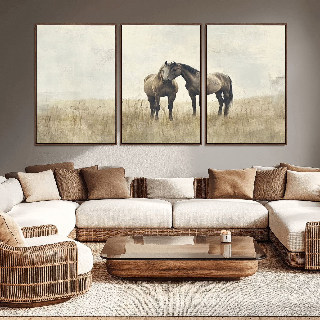-Chines Style Grunge Horses Wall Art Canvas Print