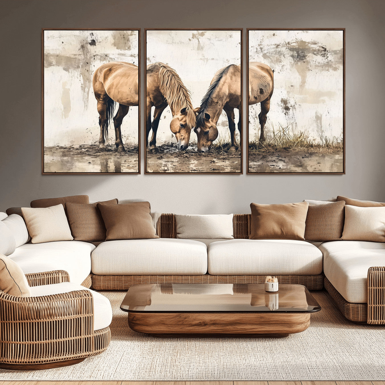 -Vintage Horses Wall Art | Ready to Hang and Framed Triptych | Western Farmhouse Wall Decor for