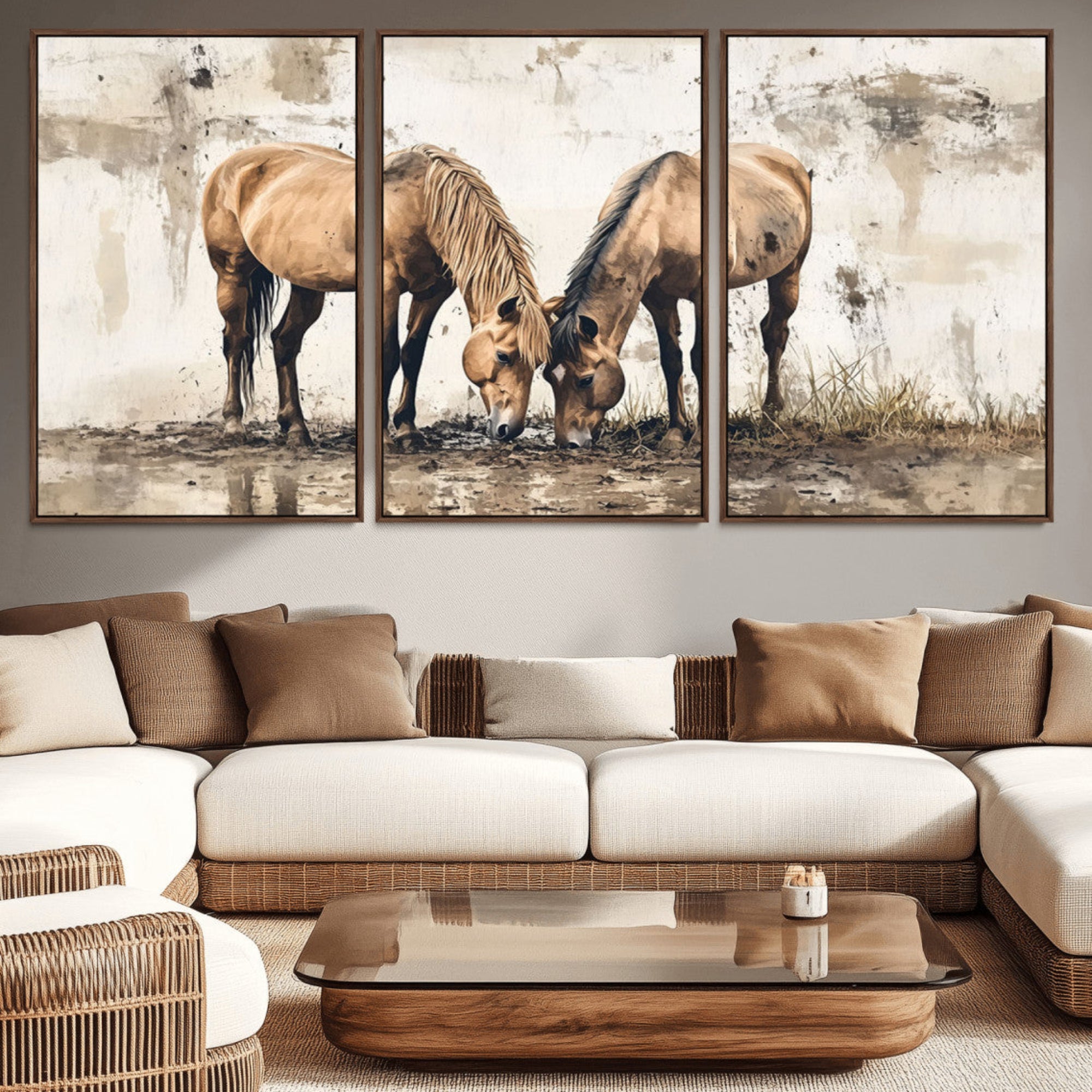 44742-MGV-CV-36X24-Vintage Horses Wall Art | Ready to Hang and Framed Triptych | Western Farmhouse Wall Decor for