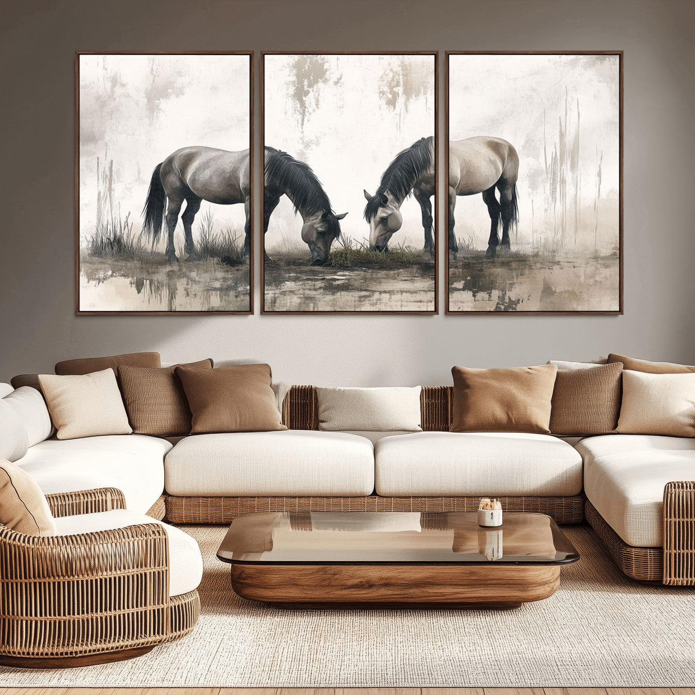-Chines Ink Style Vintage Horses Wall Art Canvas Print for Farmhouse Wall Decor