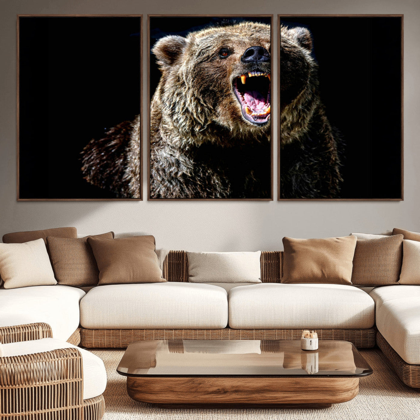 17625-MGV-FC-60X30-3P_Walnut-Grizzly Bear Canvas Print | Wildlife Wall Art for Cabin Decor | Ready to Hang Framed
