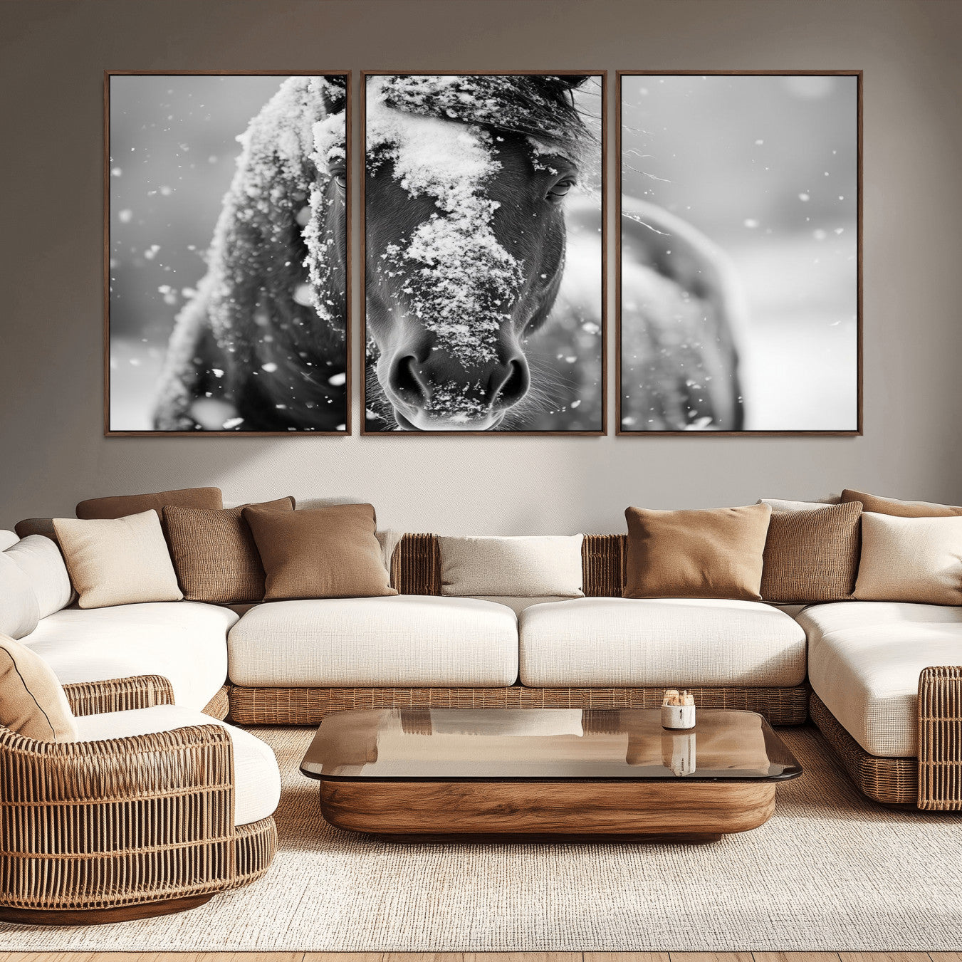 -Black and White Horse Winter Wall Art | Ready to Hang and Framed | Farmhouse Wall Decor | Western