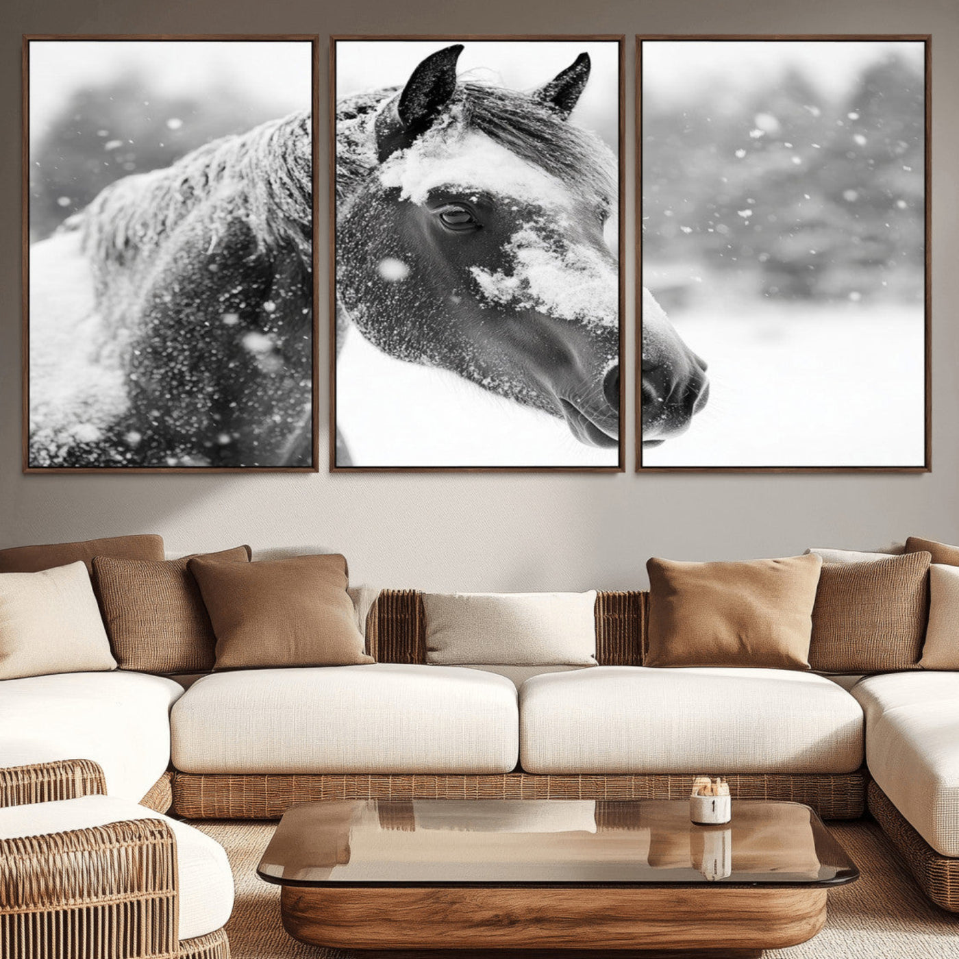 13358-MGV-FC-60X30-3P_Walnut-Black Horse Winter Wall Art | Ready to Hang and Framed | Farmhouse and Western Wall Decor for Living Room
