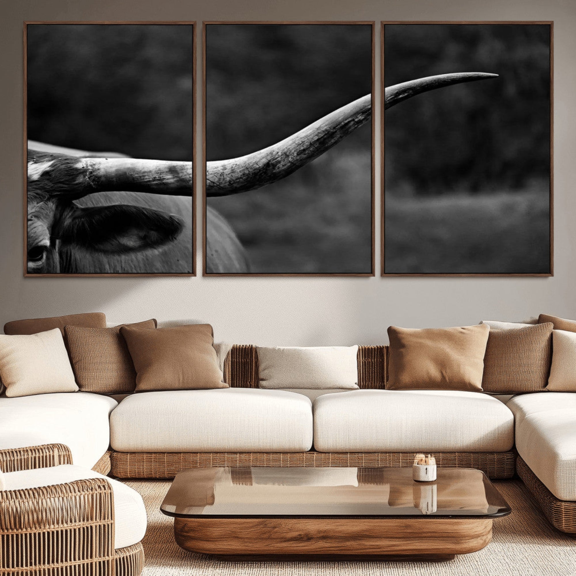 96654-MGV-CV-36X24-Cow Longhorn Wall Art | Black and White Print | Ready to Hang and Framed | Farmhouse Wall Decor |