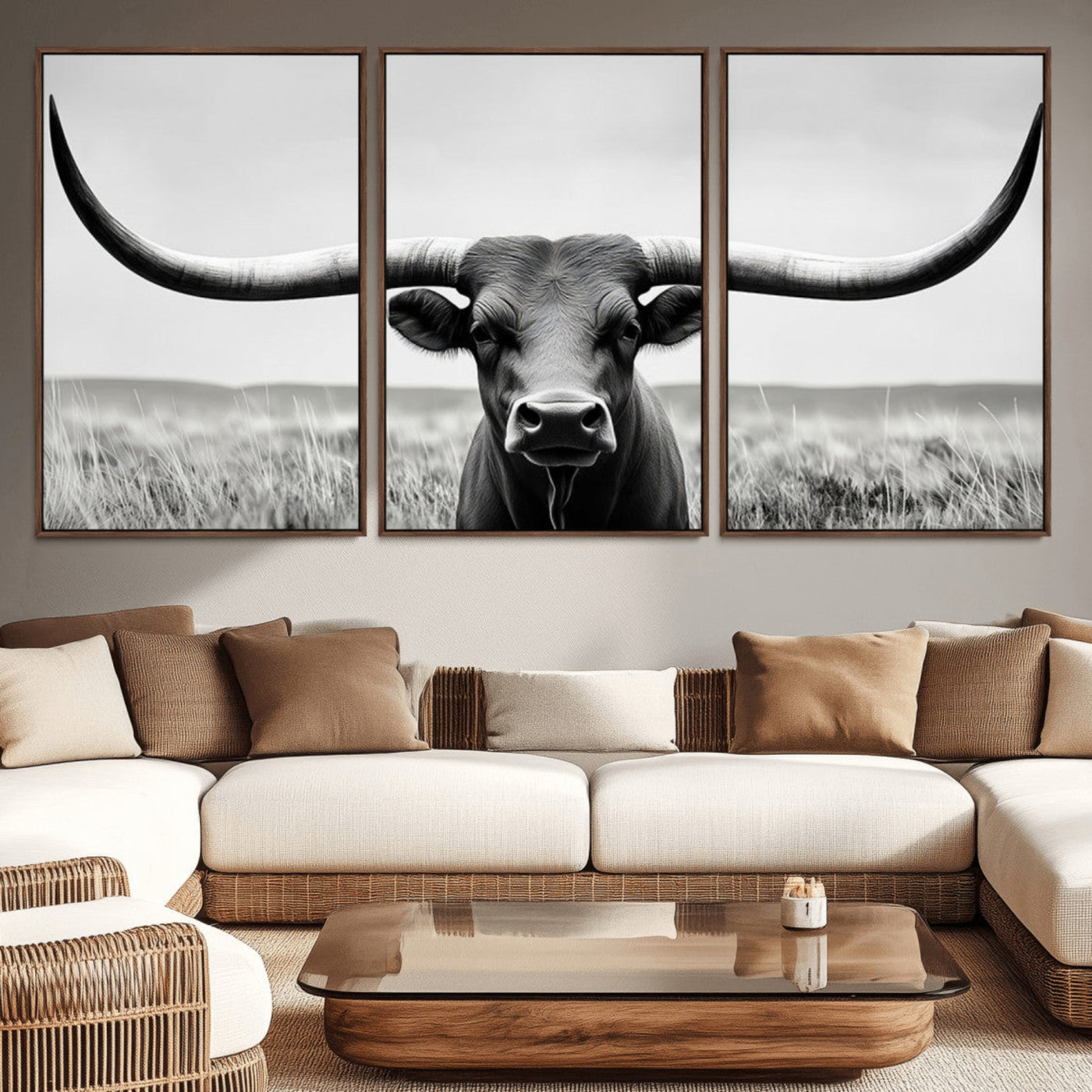 -Longhorn Bull Canvas Print | Rustic Farmhouse Wall Art | Western Decor | Ready to Hang and Framed
