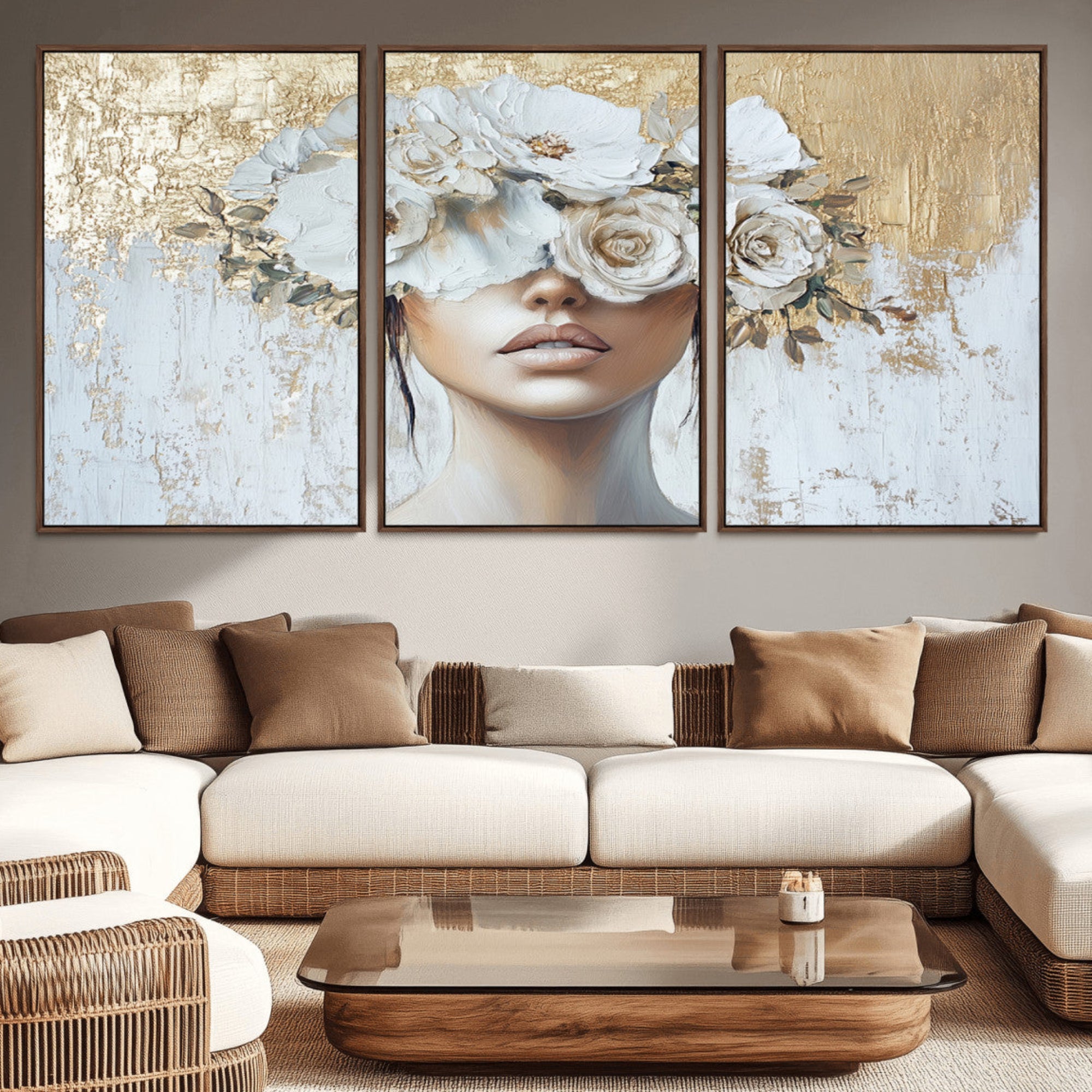 38498-MGV-CV-36X24-Golden Petal Wall Art - Canvas Print Flower Head Woman Painting Floral Woman Portrait Wall Decor,