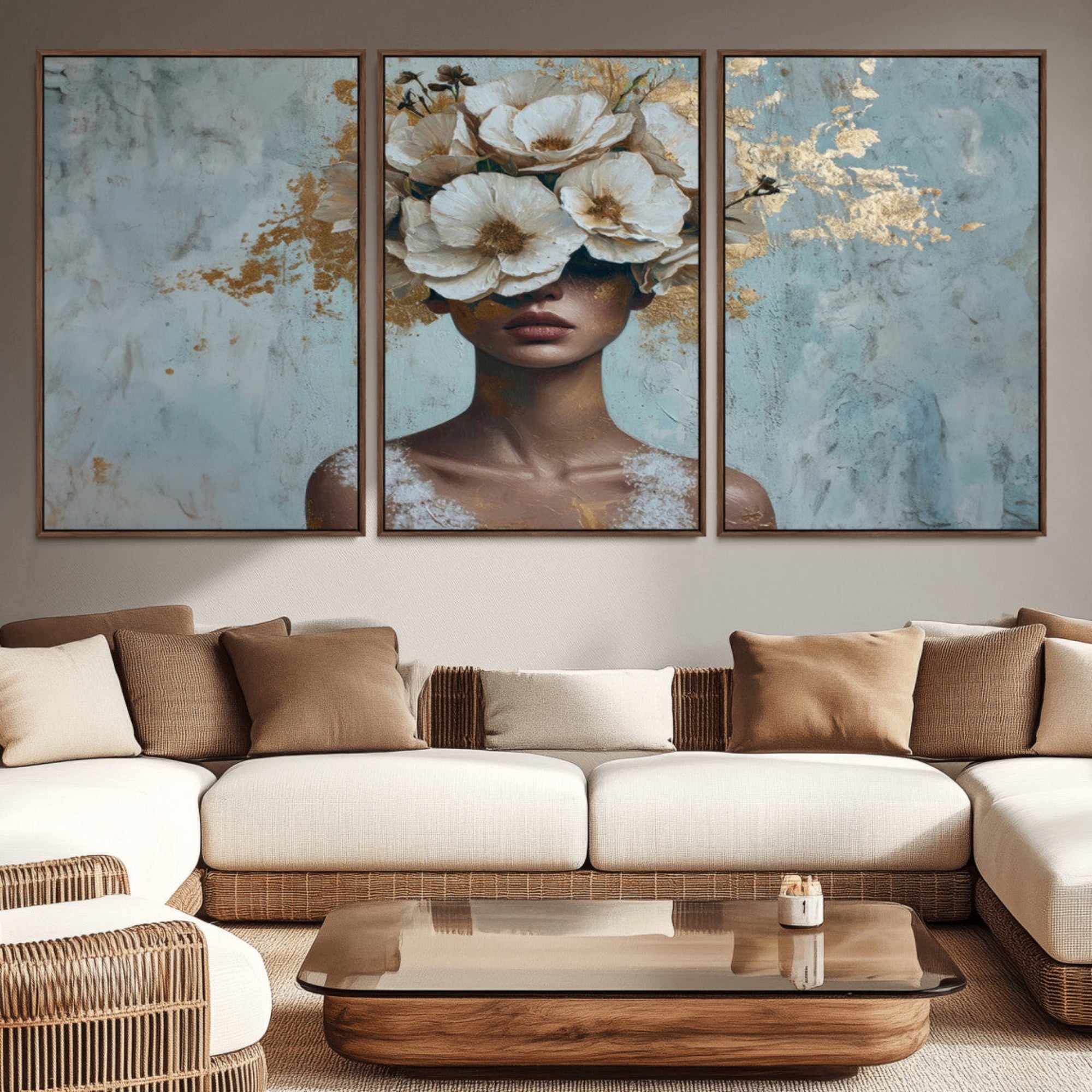 38084-MGV-CV-36X24-Golden Petal Wall Art - Petal Silhouette Woman Wall Art Canvas Print | Large 3-Panel Canvas with