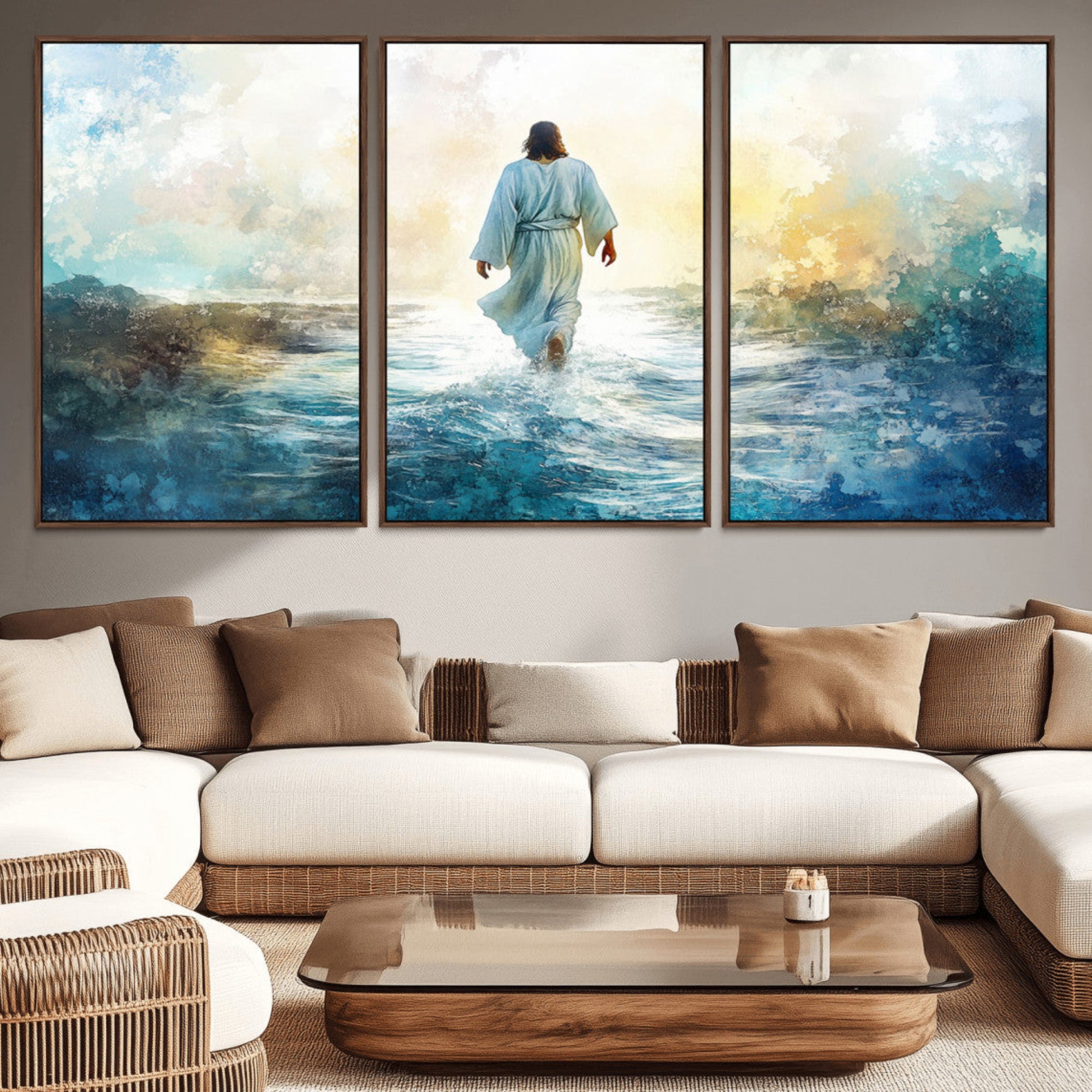 60634-MGV-CV-36X24-Watercolor Jesus Walking on Water Canvas Print, Christian Wall Art, Jesus Christ Walking