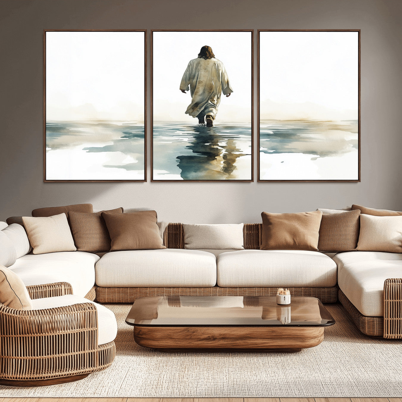 MGV-FC-60X30-3P - Watercolor Jesus Walking on Water Canvas Print, Christian Wall Art, Jesus Christ Walking