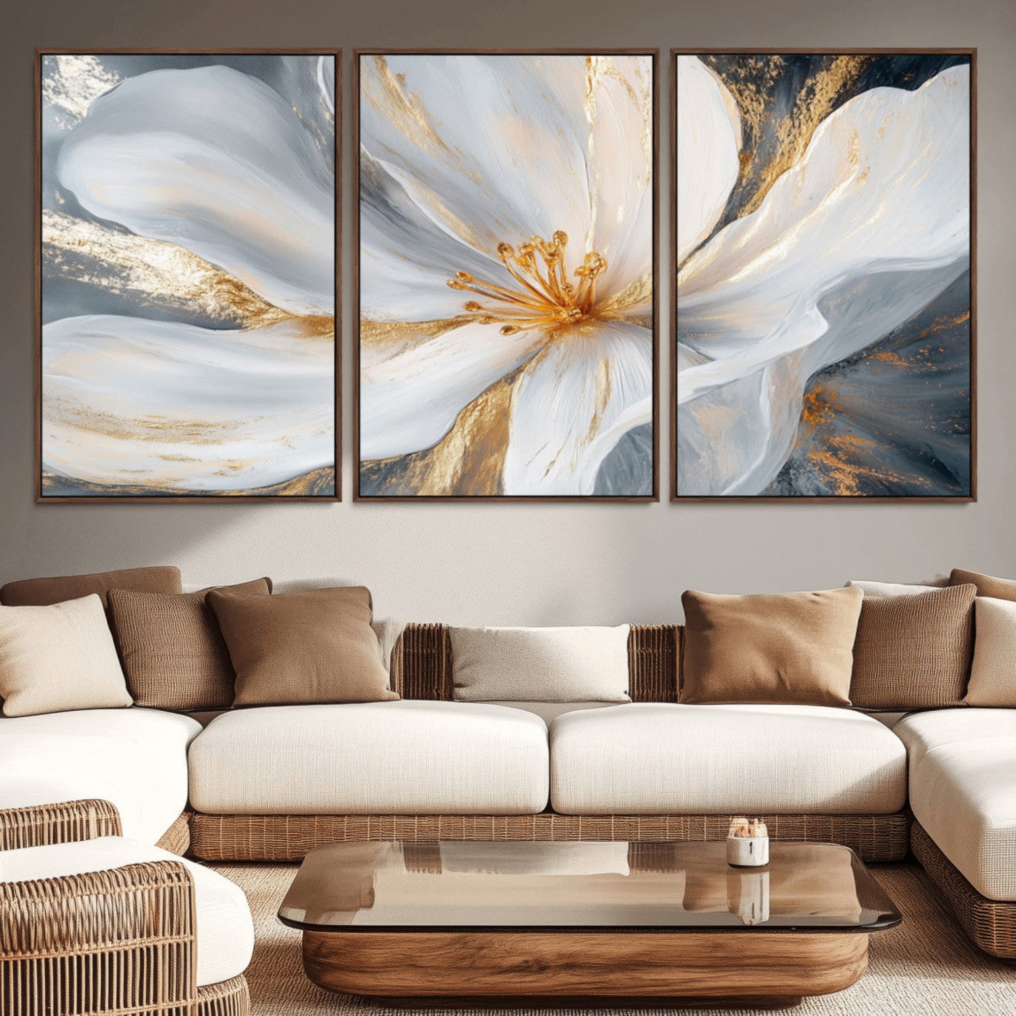 83149-MGV-CV-36X24-White and Gold Floral Canvas Wall Art - Framed and Ready to Hang - Perfect for Modern Living Rooms