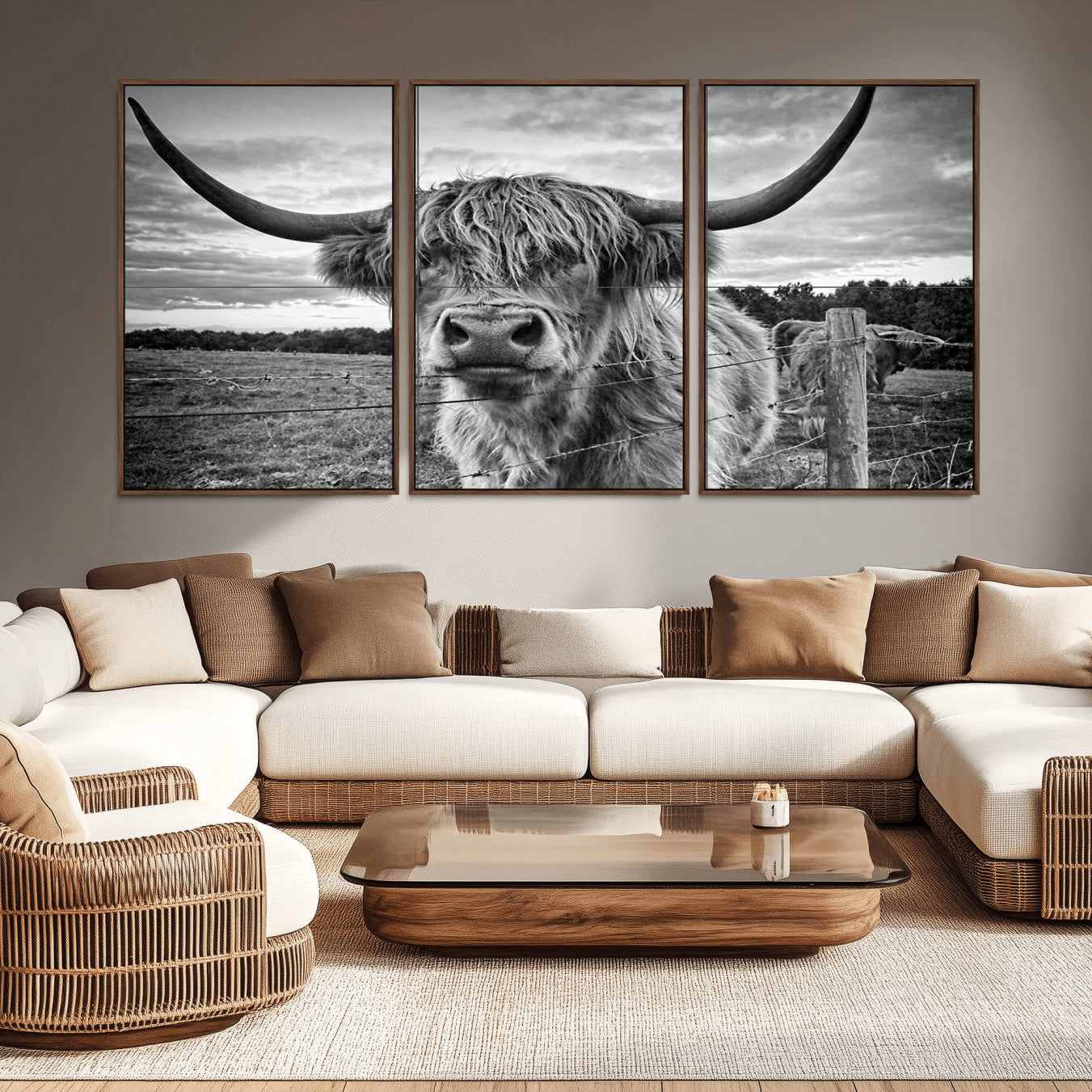 -Scottish Highland Cow Canvas Wall Art Farmhouse Decor, Framed Scottish Highland Cow Print
