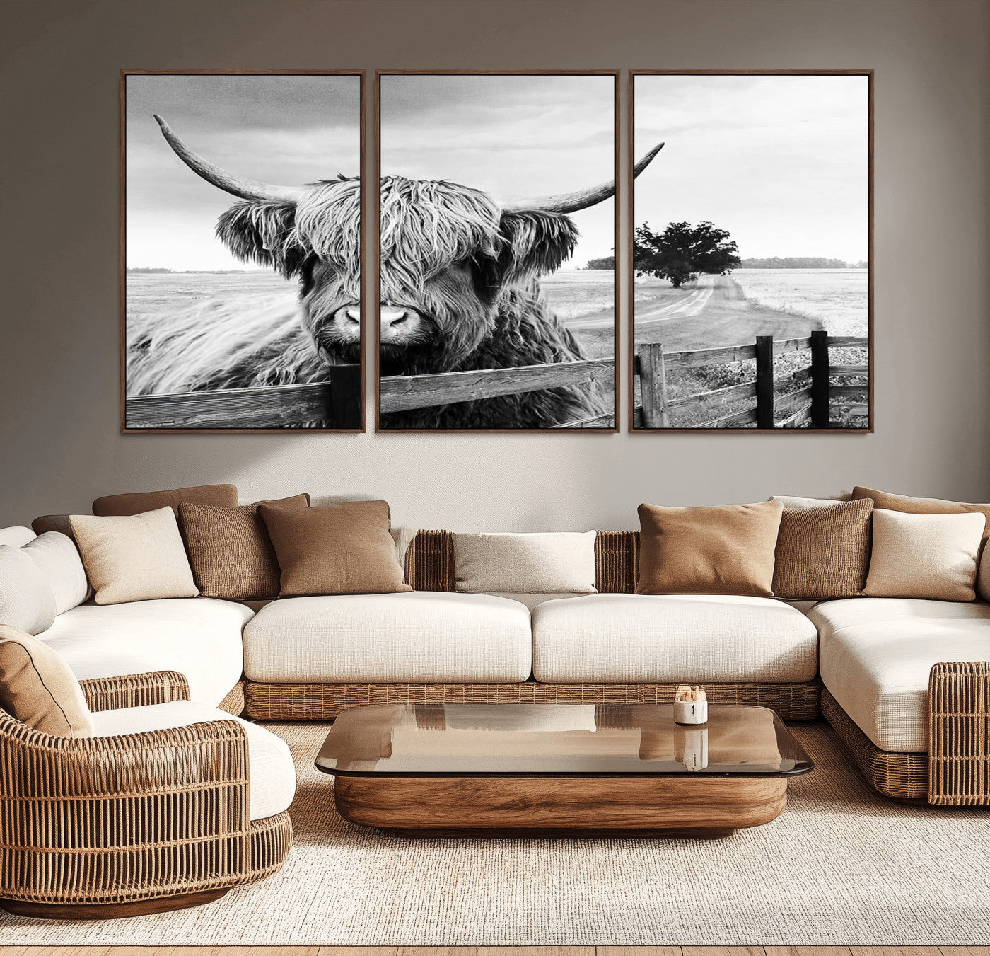 -Scottish Highland Cow Wall Art | Rustic Farmhouse Décor | Black and White Ready to Hang Canvas Print