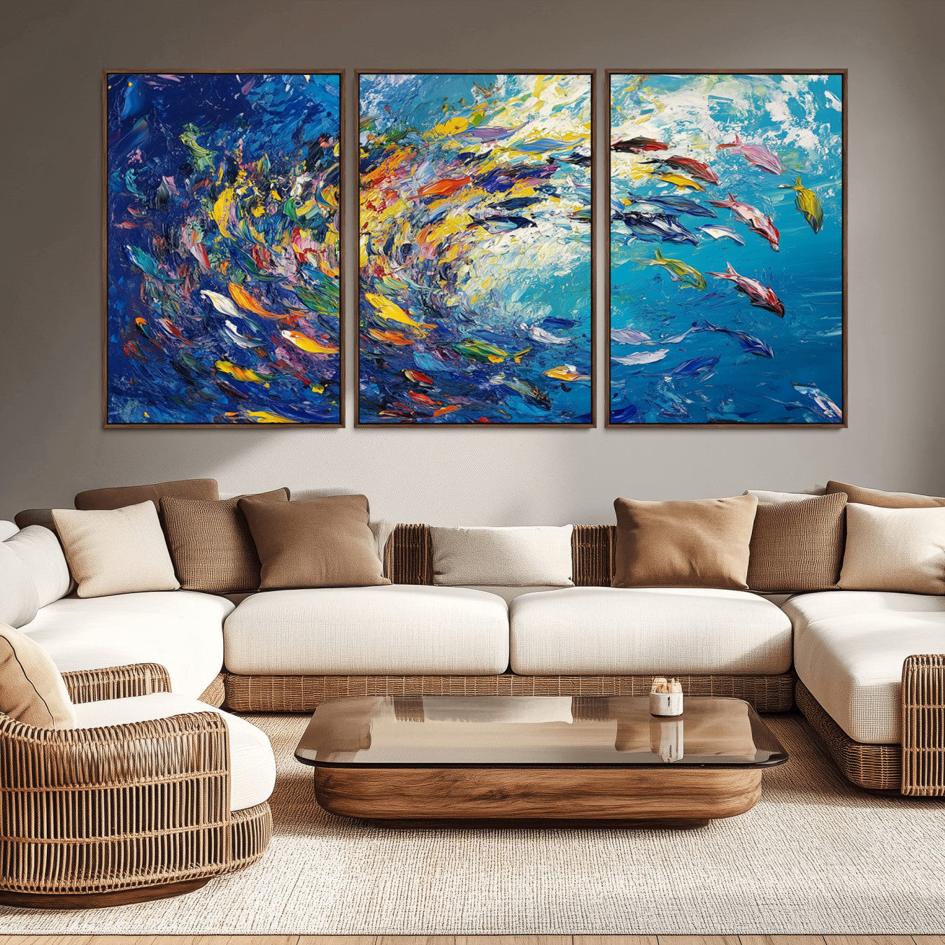 -Colorful Swirling Fish School Wall Art Canvas Print | Oceanic Abstract Painting | Ready to Hang |