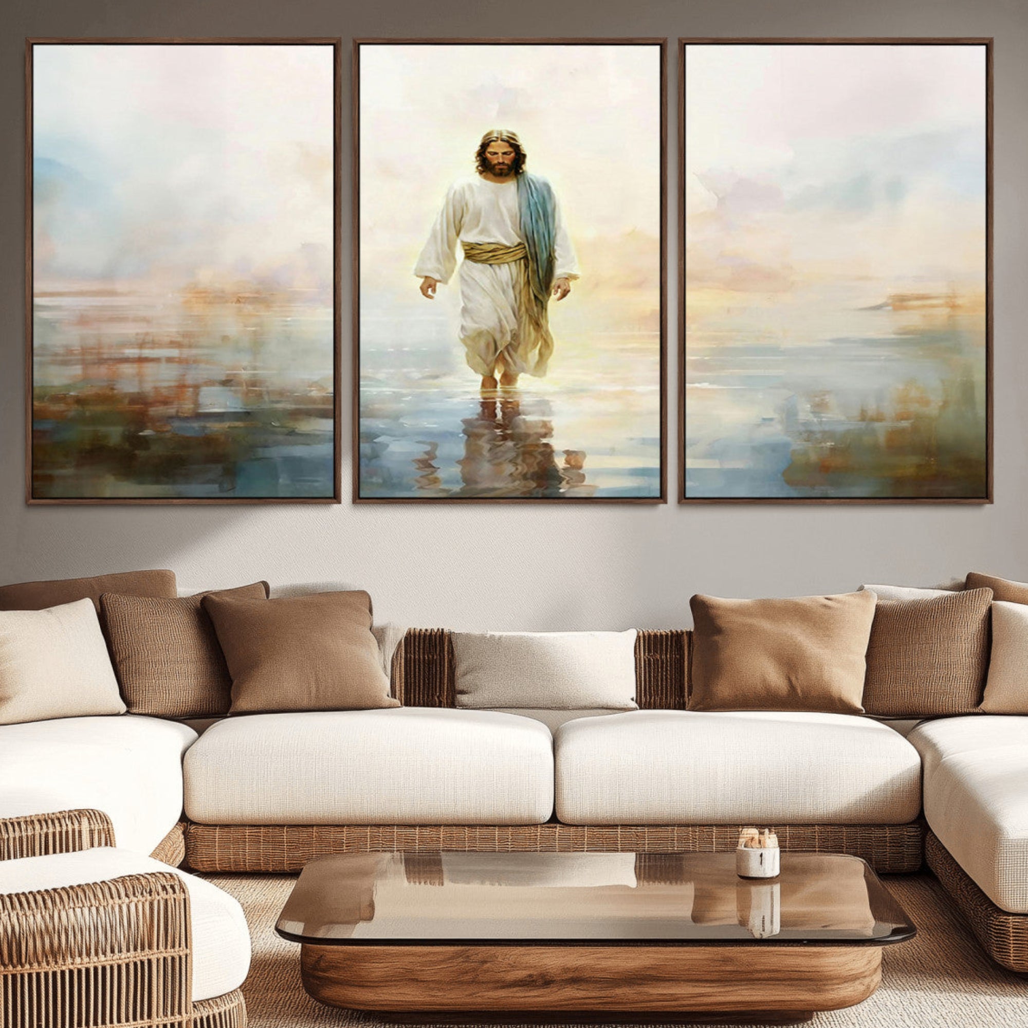 41795-MGV-CV-36X24-Framed Jesus Walking on Water Wall Art - 3-Panel Christian Canvas Prints, Religious Artwork for