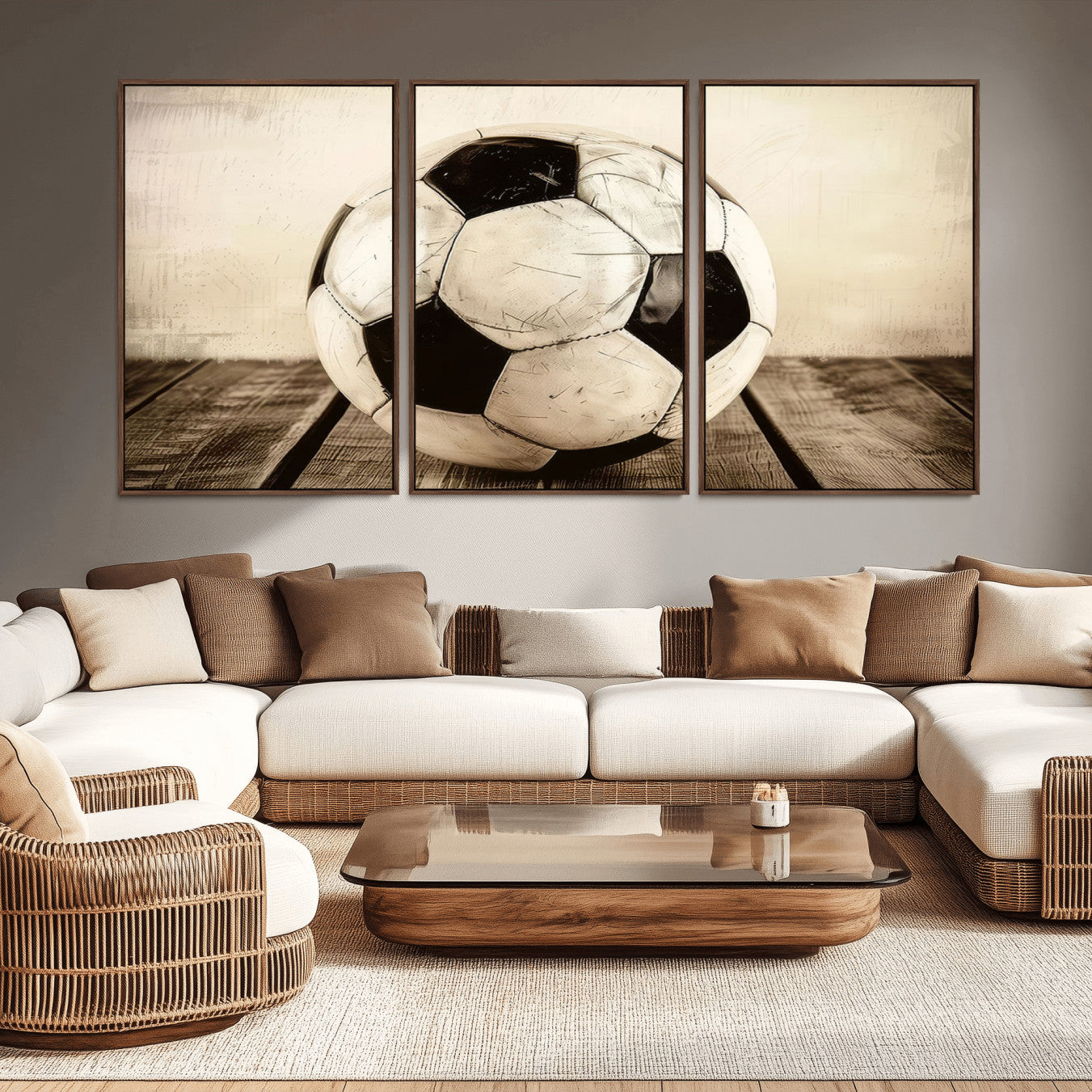 -Vintage Soccer Ball Wall Decor Canvas Art – 3-Panel Soccer Wall Decor, Framed and Ready to Hang