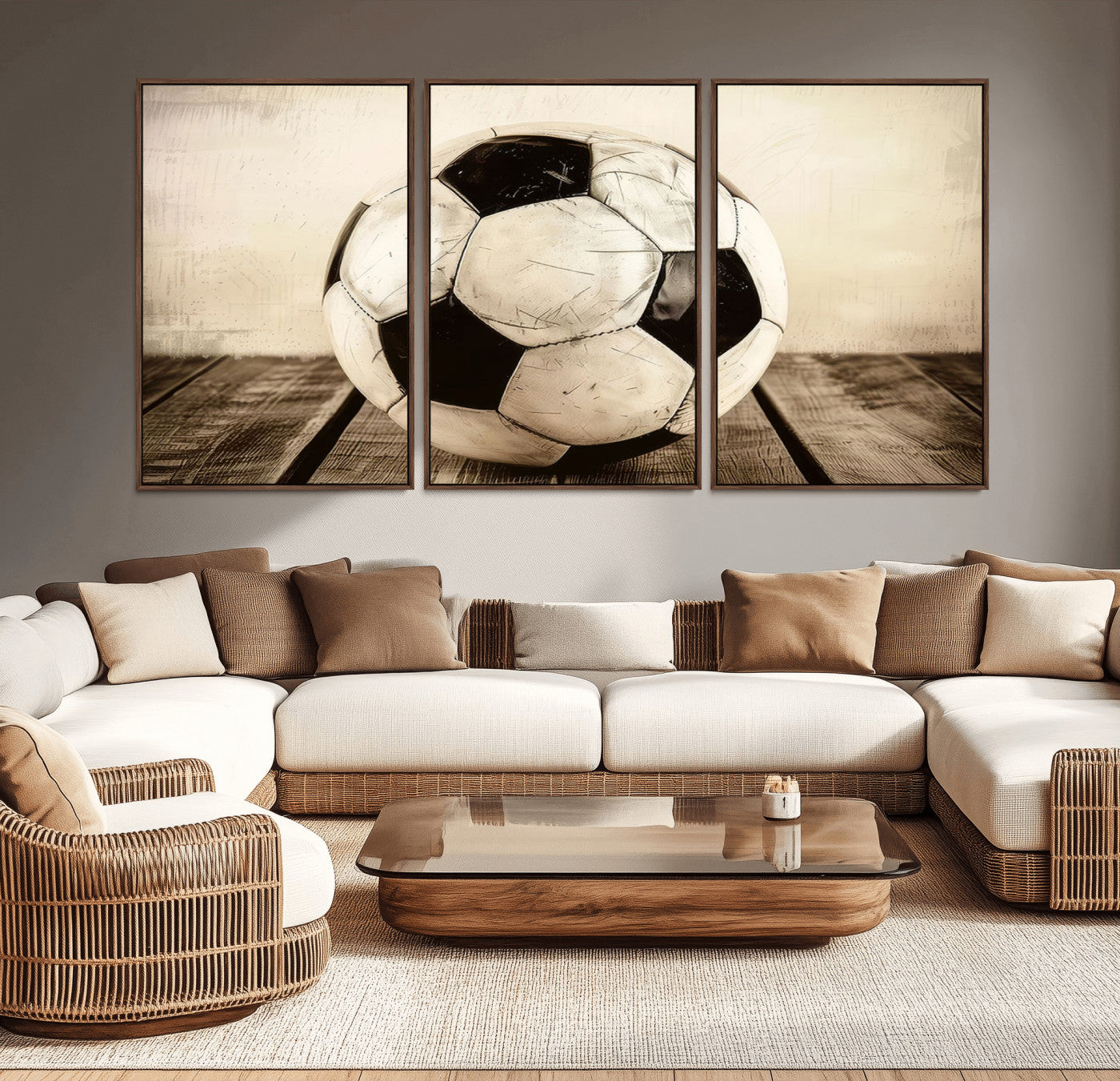 -Vintage Soccer Ball Wall Decor Canvas Art – 3-Panel Soccer Wall Decor, Framed and Ready to Hang