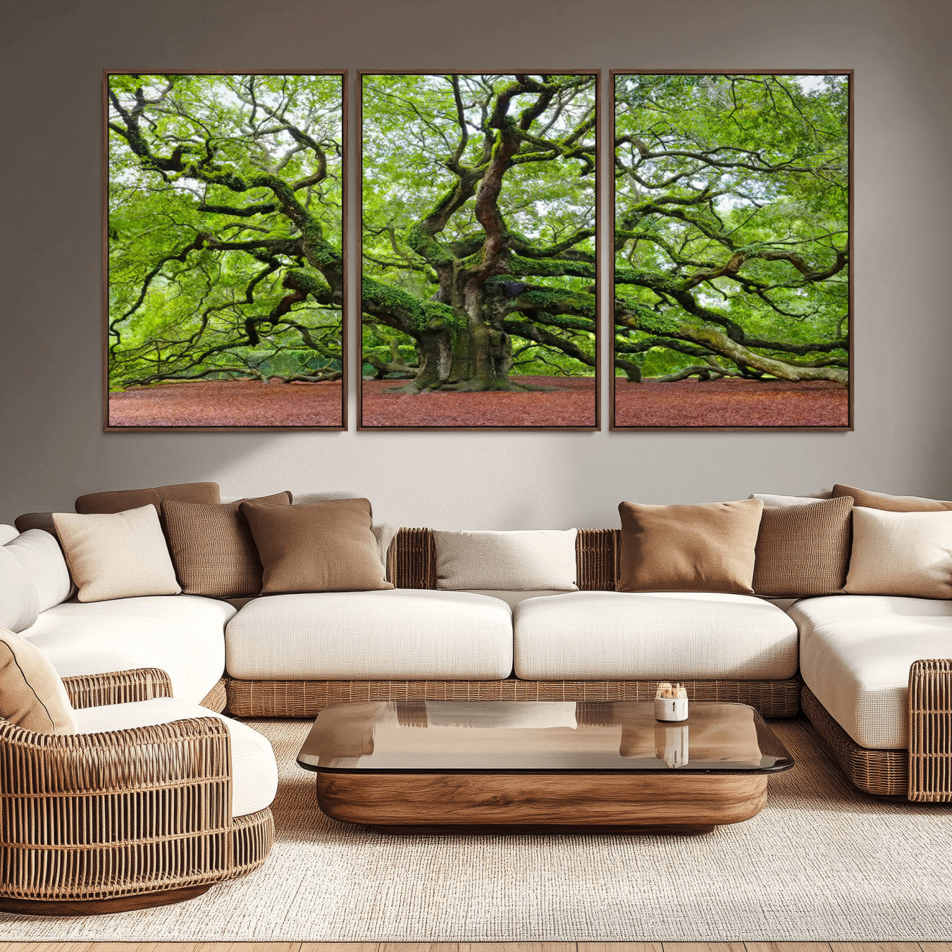 40313-MGV-CV-36X24-Framed Angel Oak Tree Wall Art - 3-Panel Canvas Prints, Large Green Nature Artwork, Ready to Hang