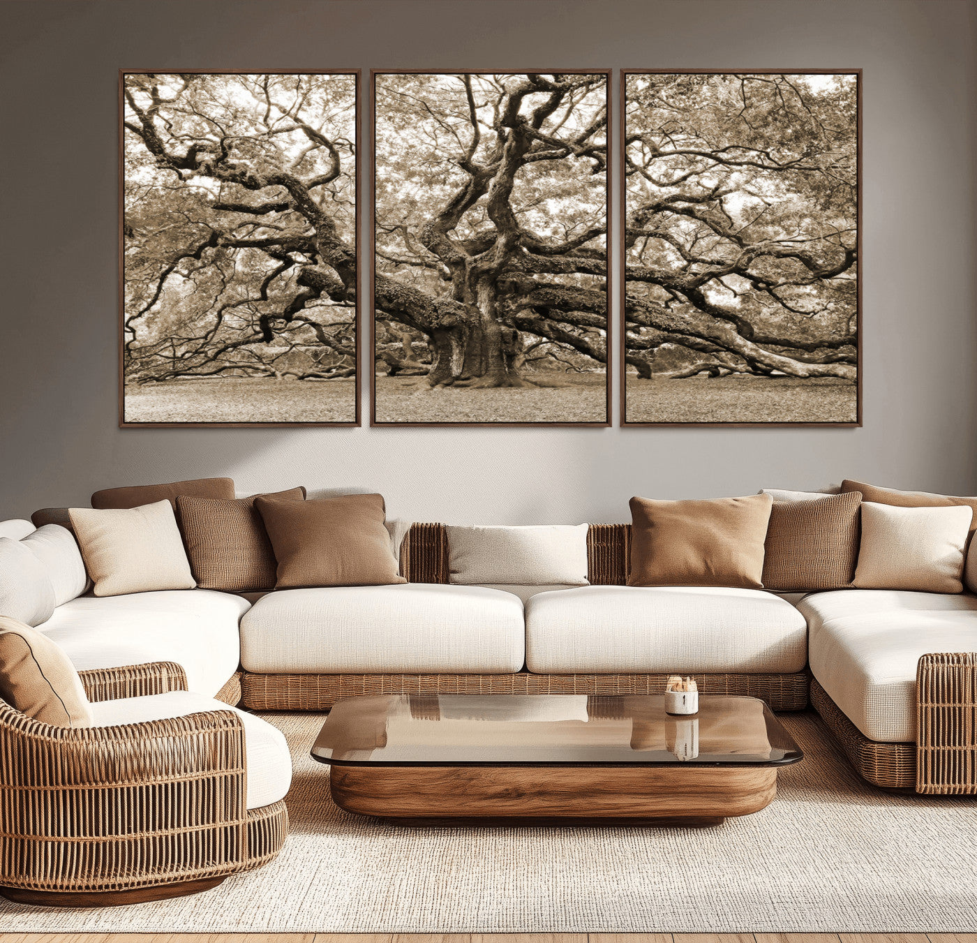 51126-MGV-CV-36X24-Sepia Framed Angel Oak Tree Wall Art - 3-Panel Canvas Prints, Large Green Nature Artwork, Ready to