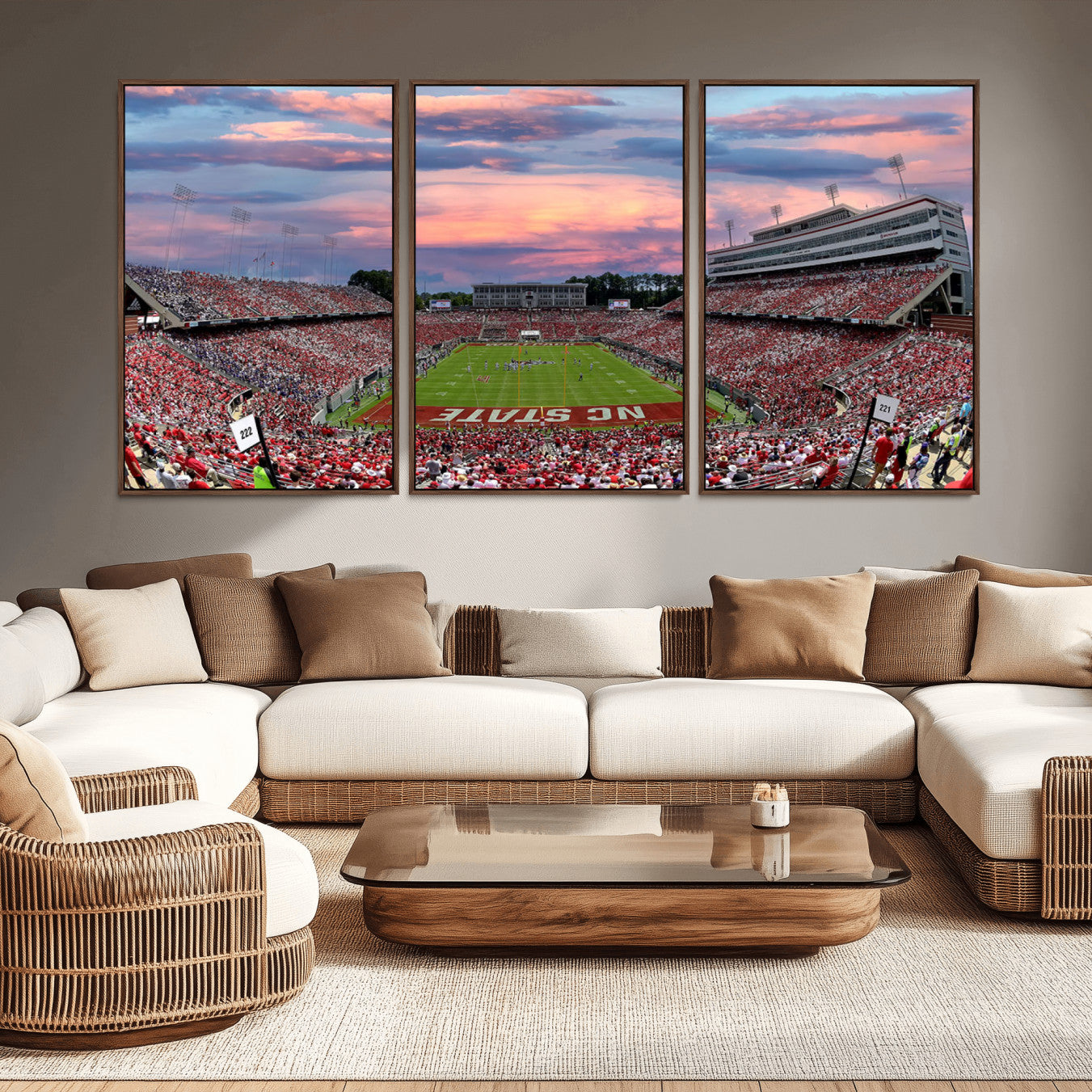 -Carter-Finley Stadium Art Sunset Game Triple Canvas Wall Art - NC State Wolfpack Football Match