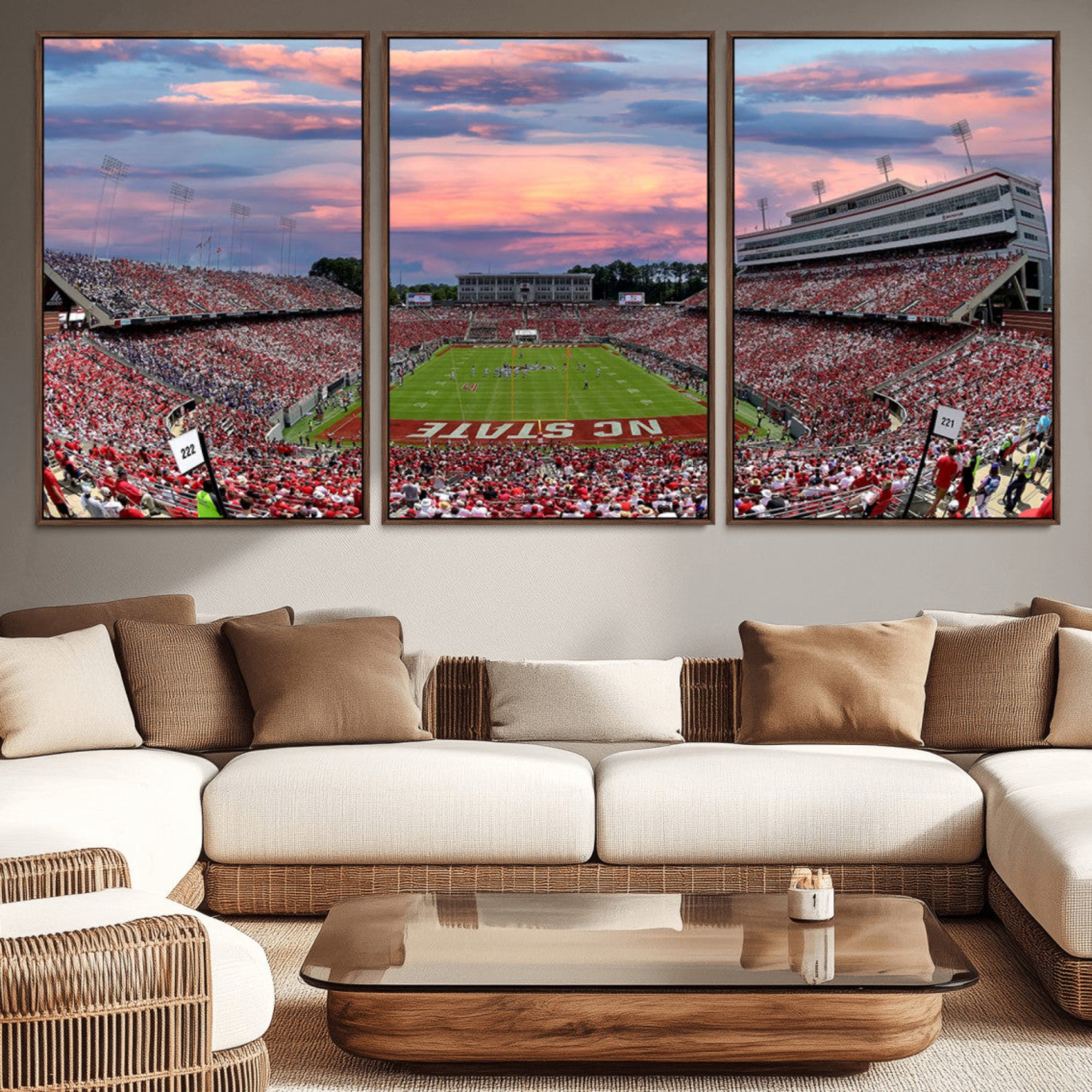 75072-MGV-CV-36X24-Carter-Finley Stadium Art Sunset Game Triple Canvas Wall Art - NC State Wolfpack Football Match