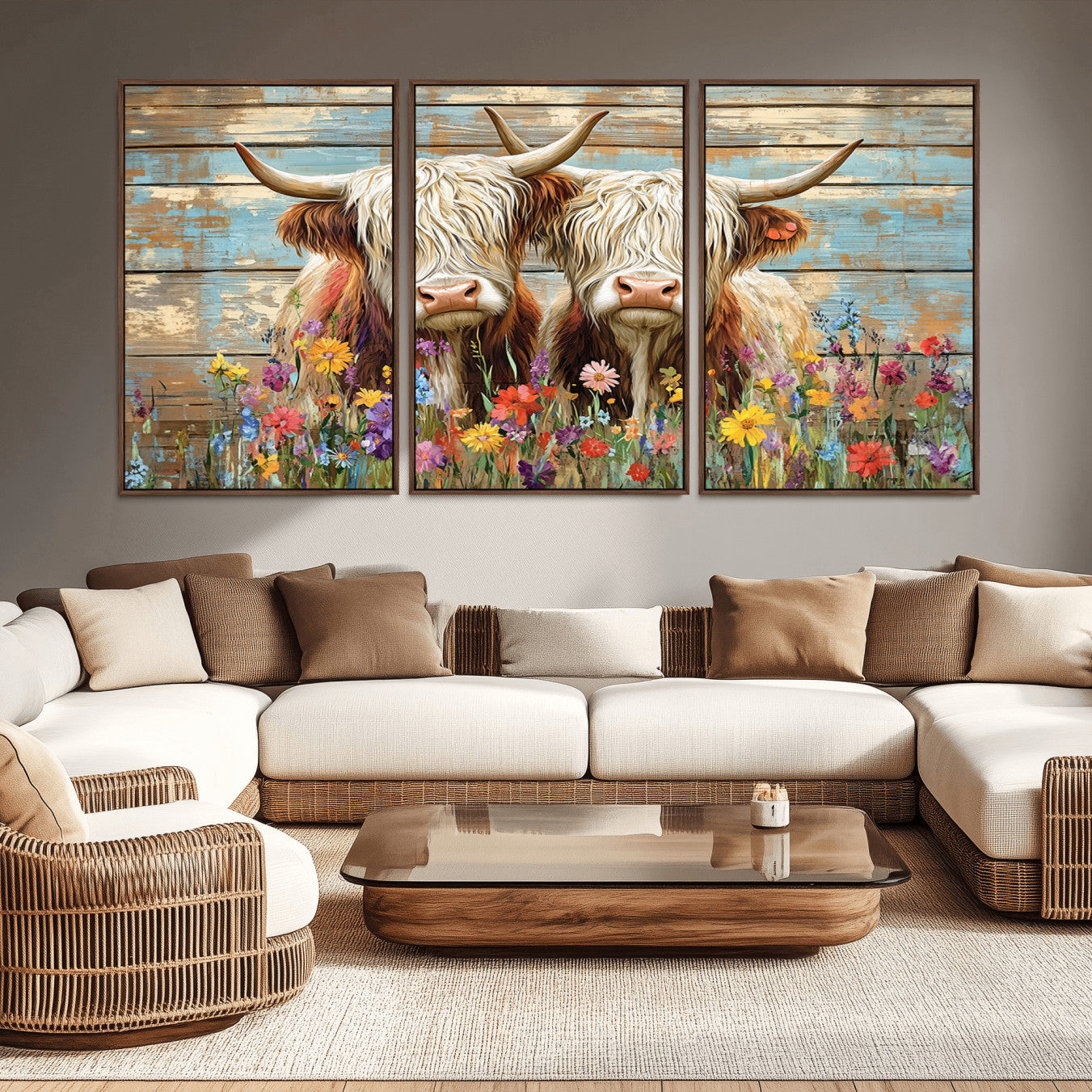 -Cute Highland Cow Canvas Wall Art - Rustic Farmhouse Decor with Colorful Flowers Perfect Wall Art