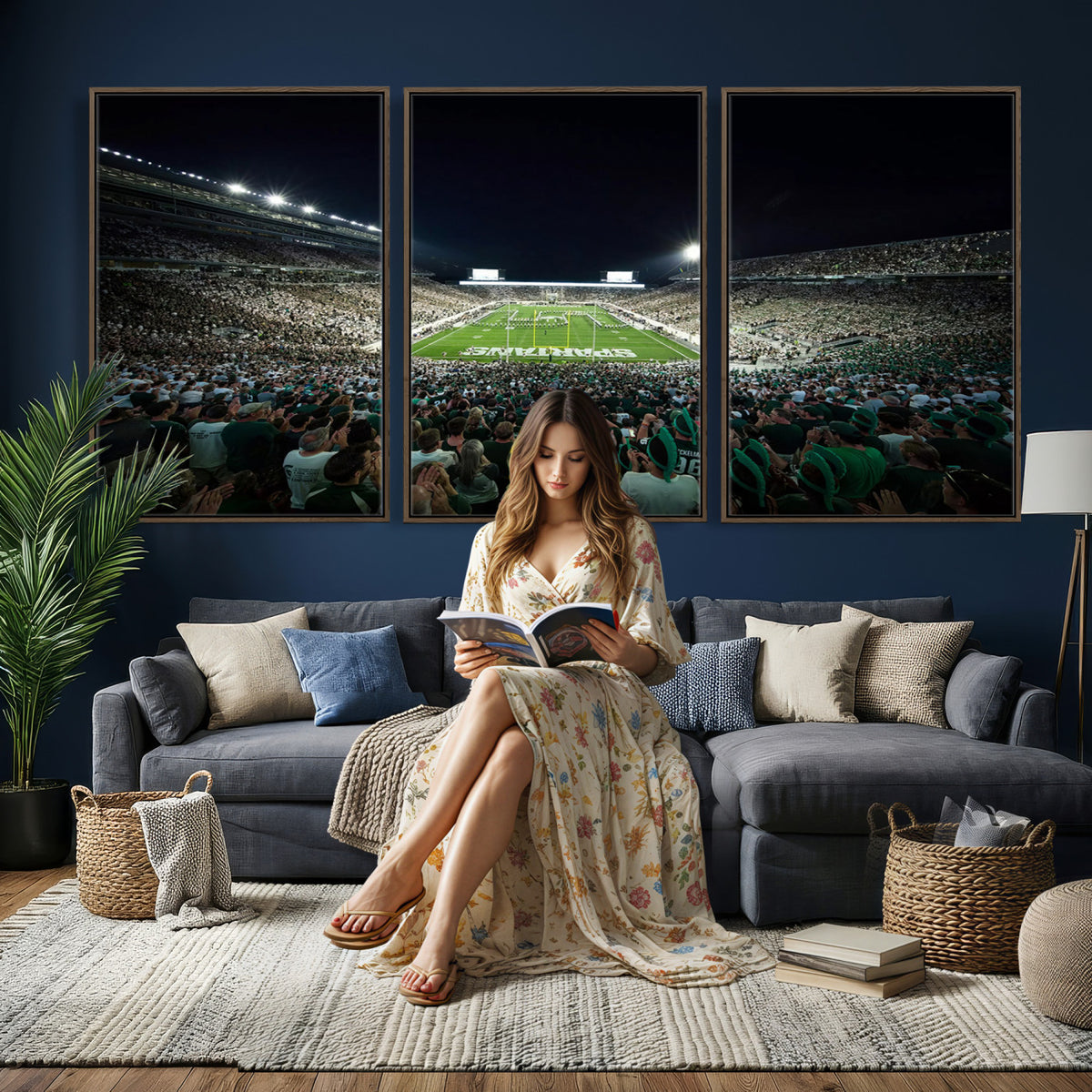 57523-PAN-FL-20X10 - Framed Michigan State Spartans Football Team Print - East Lansing Spartan Stadium Wall Art Canvas