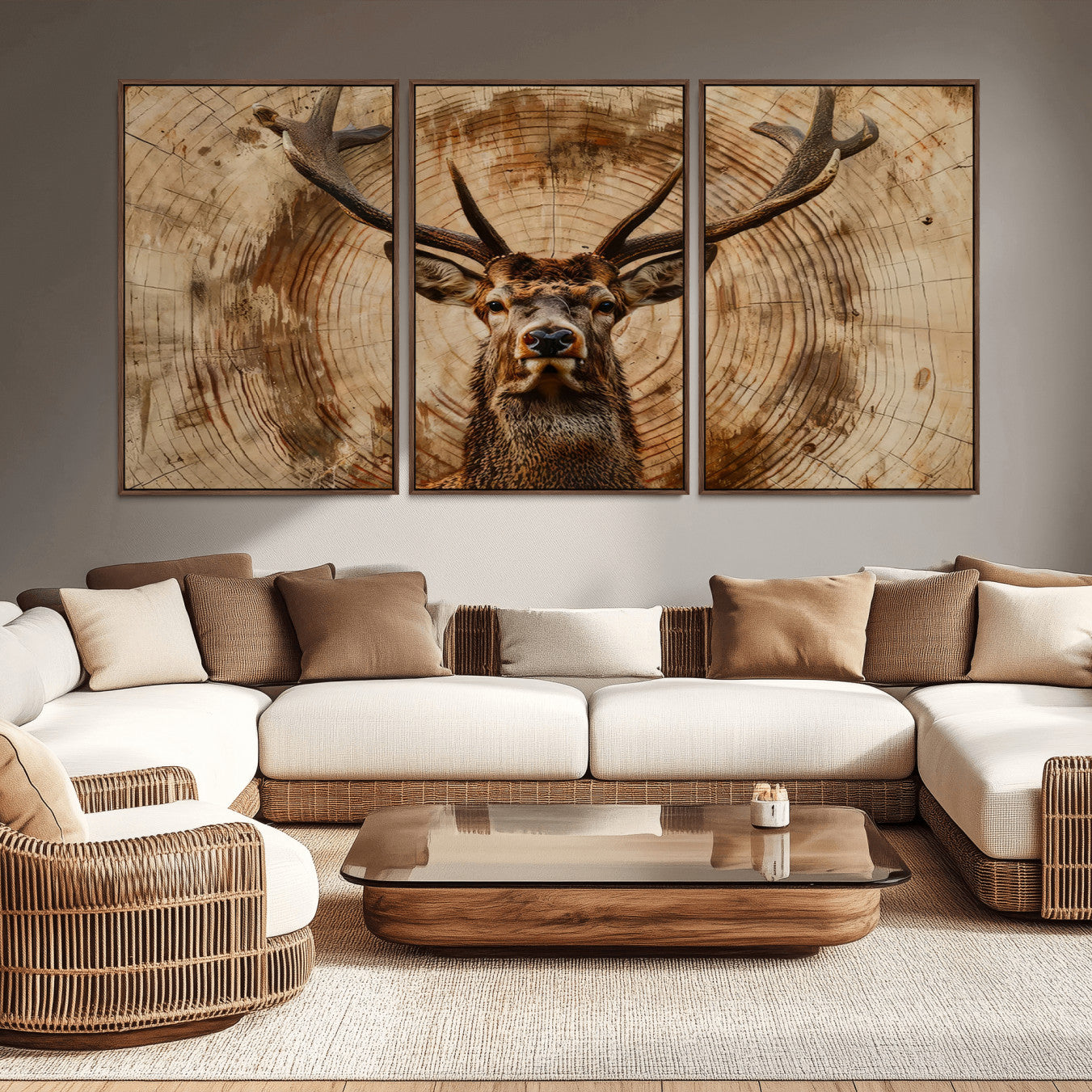 19375-MGV-CV-36X24-Wood Abstract Deer Wall Art | Rustic Wildlife Canvas Print | Ready to Hang Stag Head Triptych for