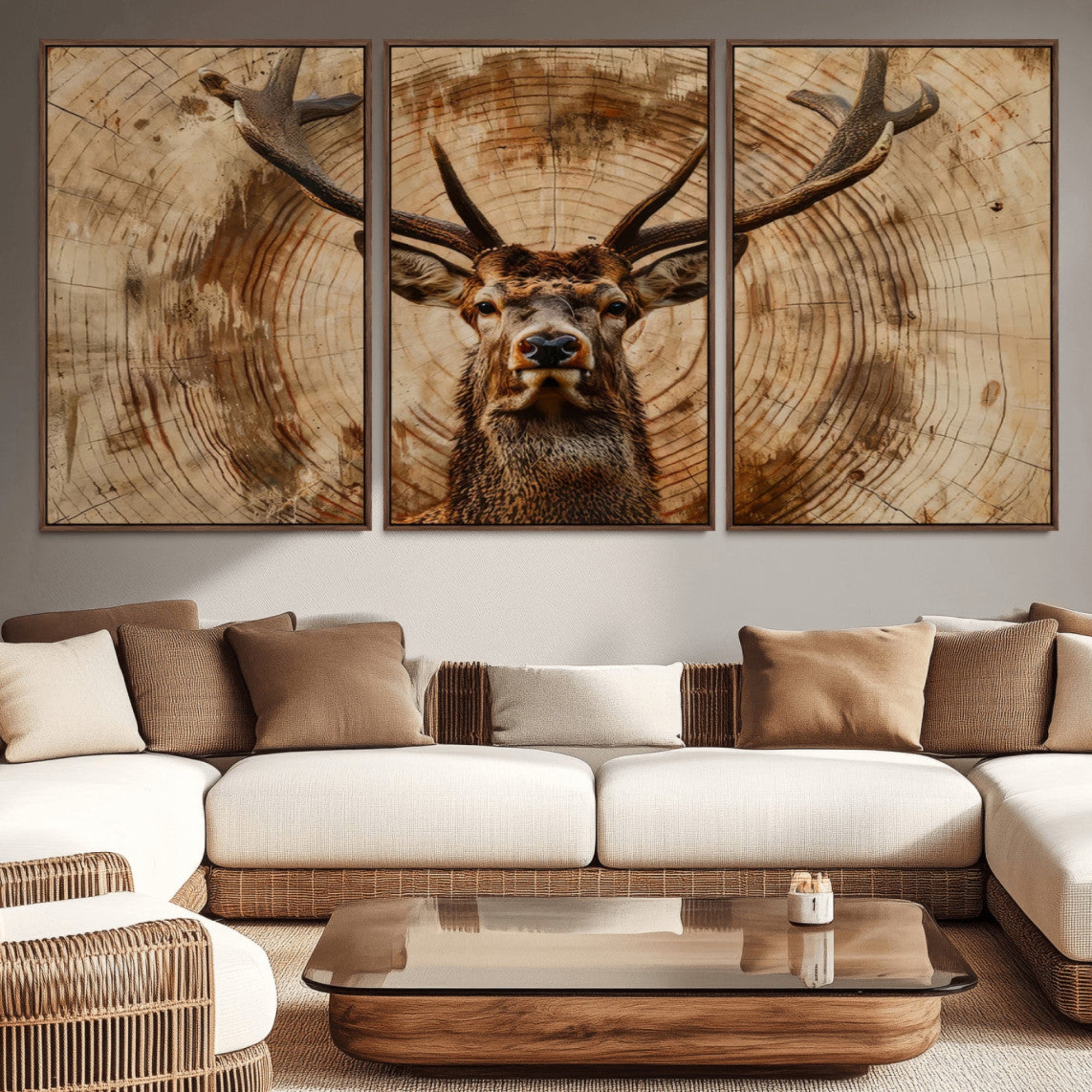 19375-MGV-CV-36X24-Wood Abstract Deer Wall Art | Rustic Wildlife Canvas Print | Ready to Hang Stag Head Triptych for