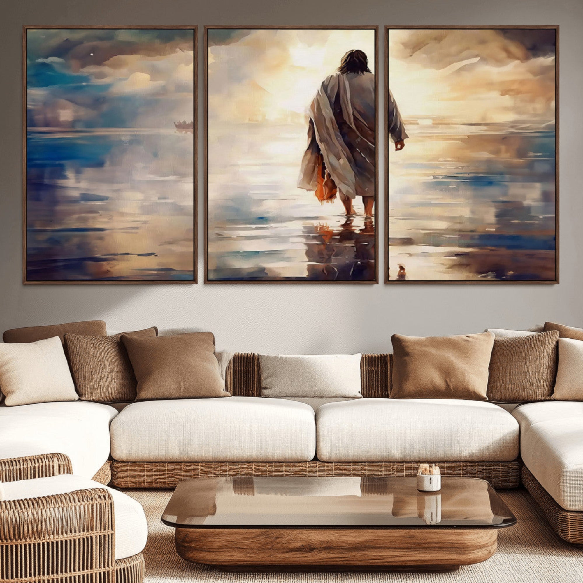 29769-MGV-CV-36X24-Jesus Walking on Water Wall Art | Ready to Hang Spiritual Triptych Canvas Print | Inspirational