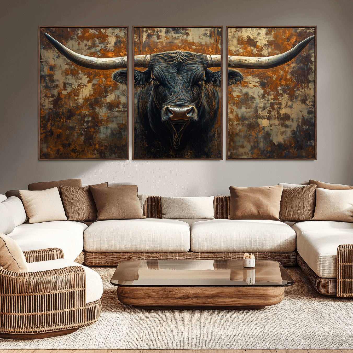-Longhorn Texas Cow Bull Wall Art | Rustic Farmhouse Canvas Print | Ready to Hang Barn Decor for