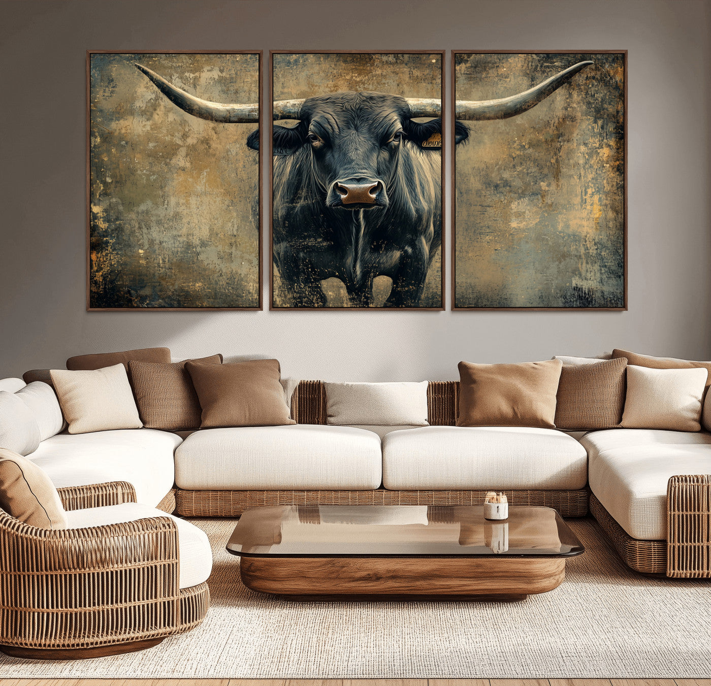 57385-MGV-CV-36X24-Texas Longhorn Bull Wall Art – Framed Rustic Cow Canvas Print, Western Farmhouse Decor Artwork for Living Room or Office