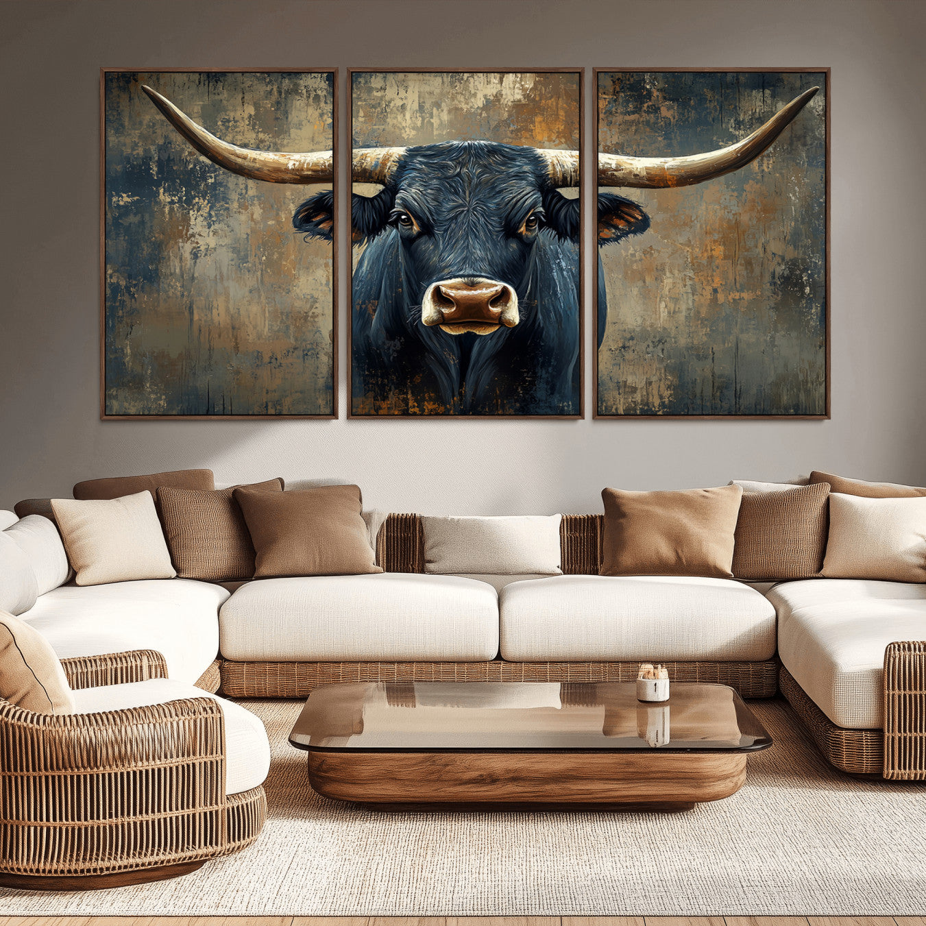 42026-MGV-CV-36X24-Texas Western Wall Art Canvas Print - Abstract Cow Longhorn Bull Wall Art Canvas Print - Rustic Cow