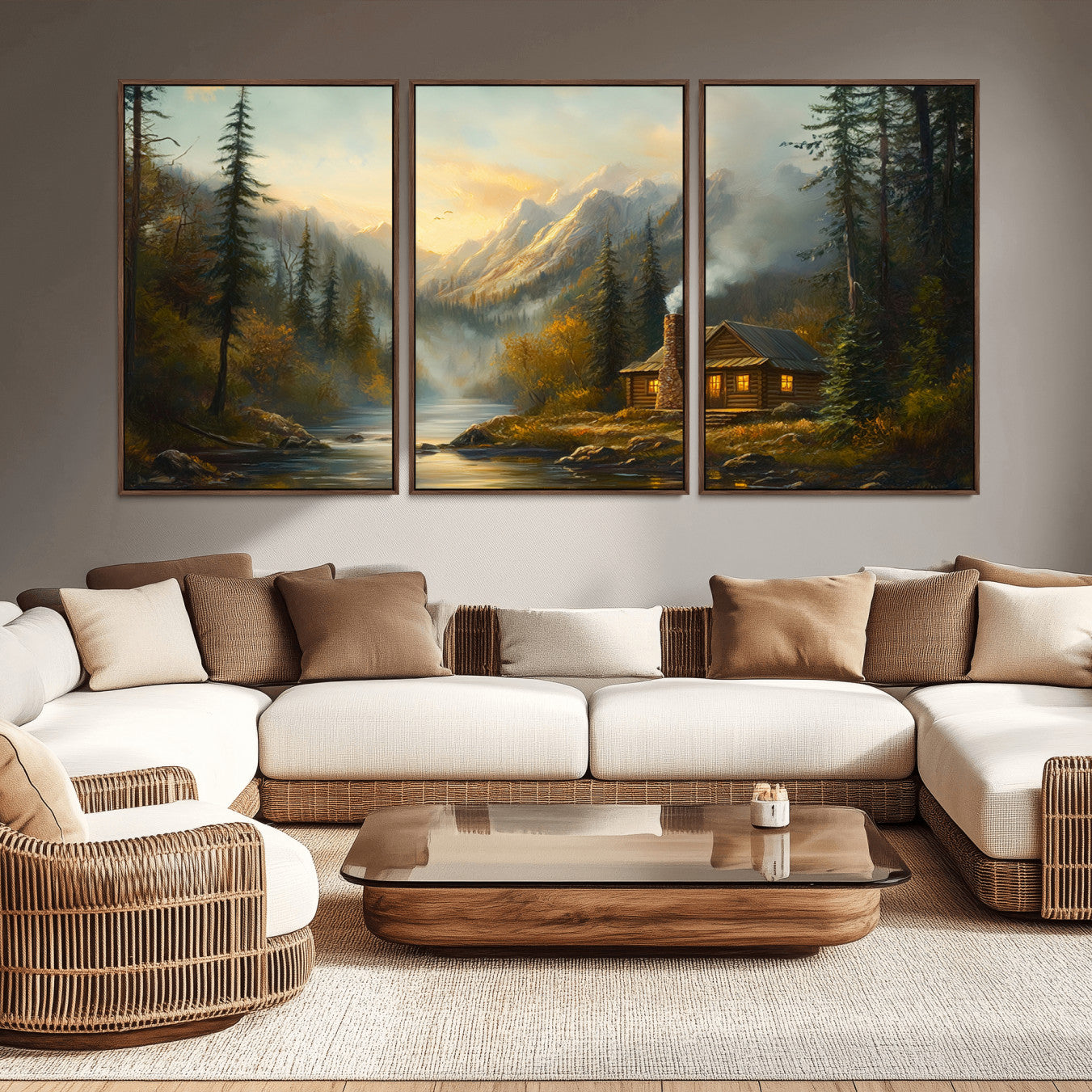 76464-MGV-CV-36X24-Wood Cabin Retreat Mountain at Sunset Wall Art Print - Serene Forest and River Landscape Wall Art