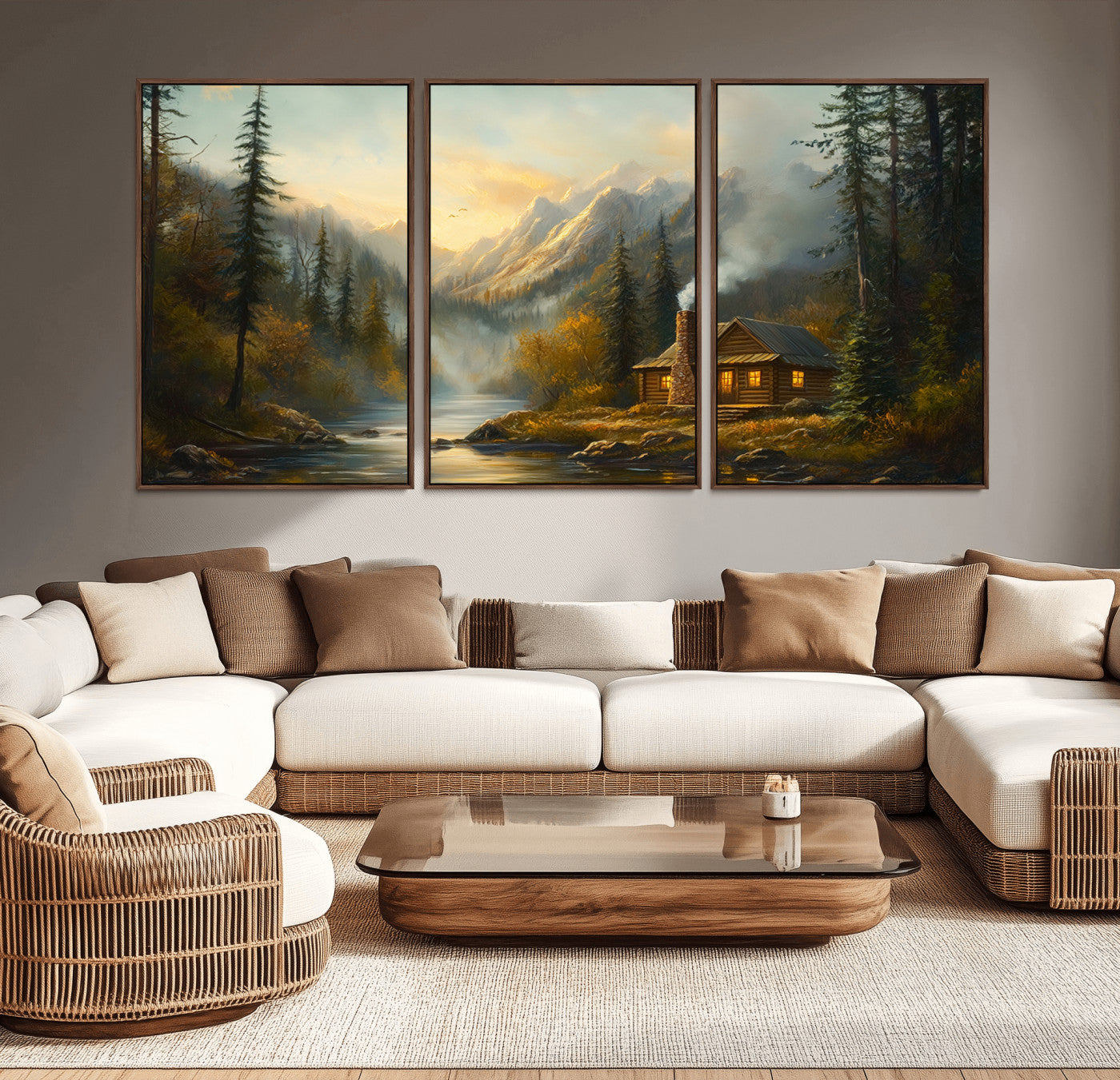 76464-MGV-CV-36X24-Wood Cabin Retreat Mountain at Sunset Wall Art Print - Serene Forest and River Landscape Wall Art