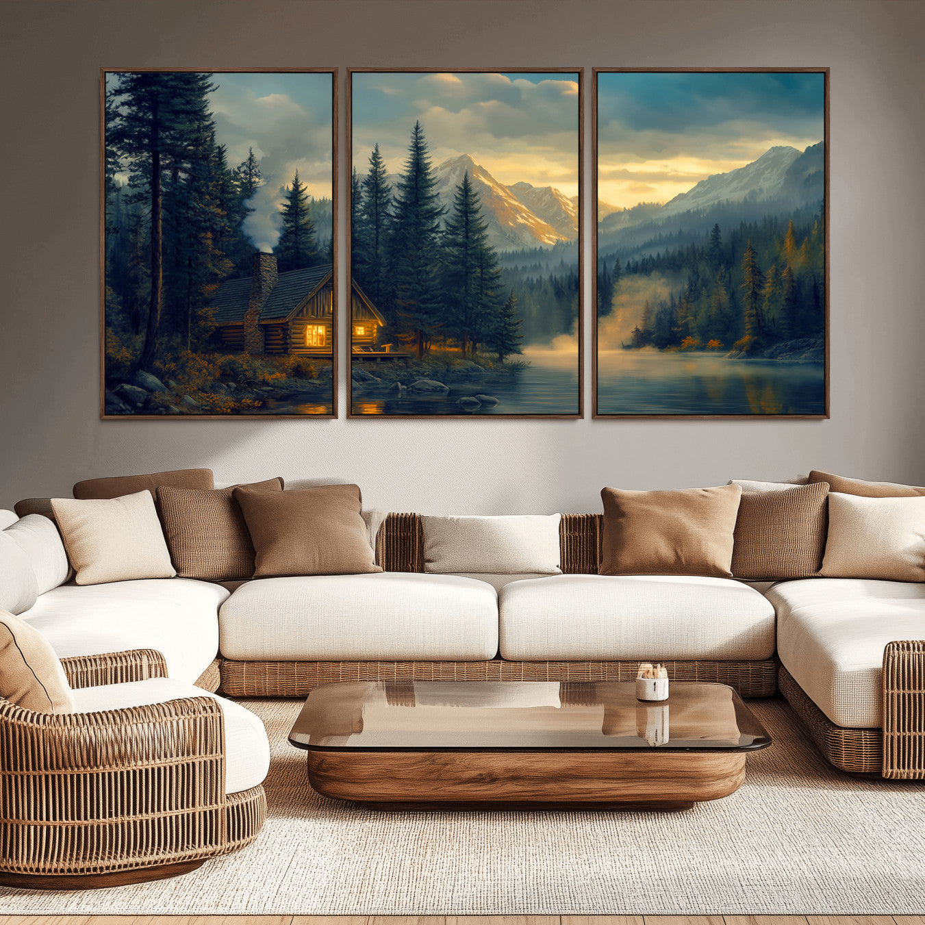 94027-MGV-CV-36X24-Mountain Cabin by the Lake at Sunset Wall Art - Serene Nature Canvas Print for Living Room Decor,