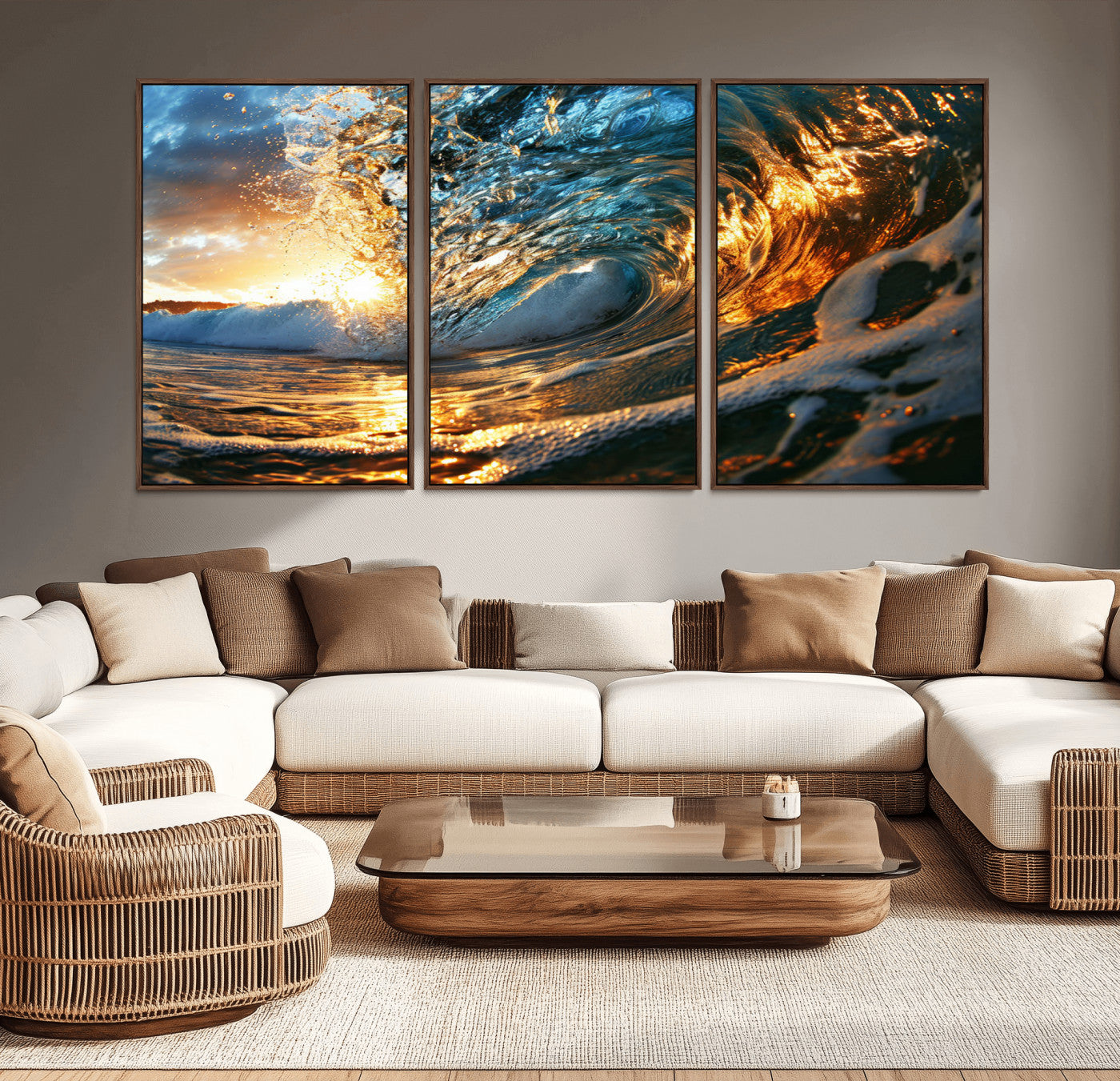 -Ocean Wave at Sunset Canvas Wall Art – Vibrant Coastal Beach Waves Print, Large Nautical Decor,