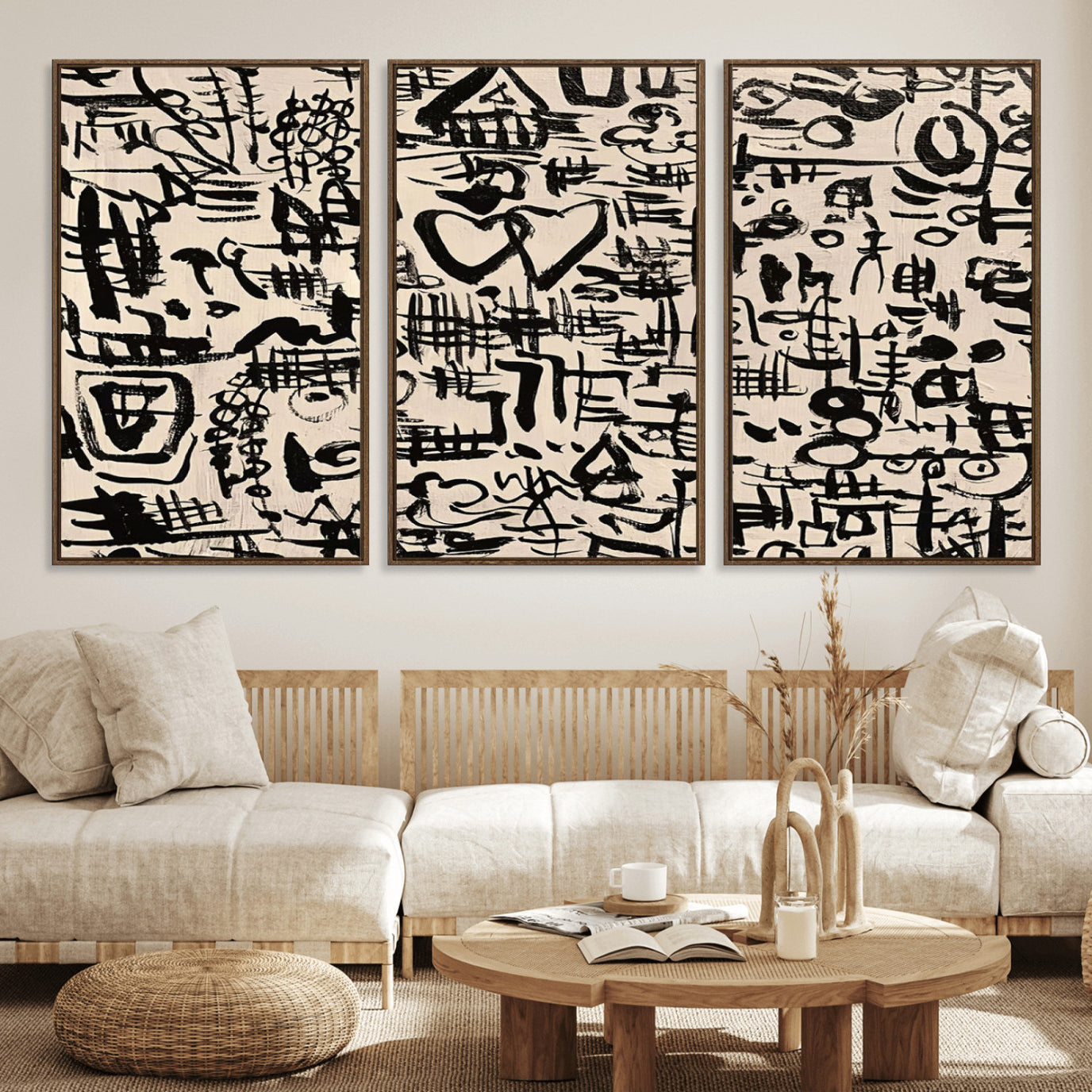 68273-MGV-FC-60X30-3P - Abstract Love and Chaos Canvas Print, Black Symbols on Beige