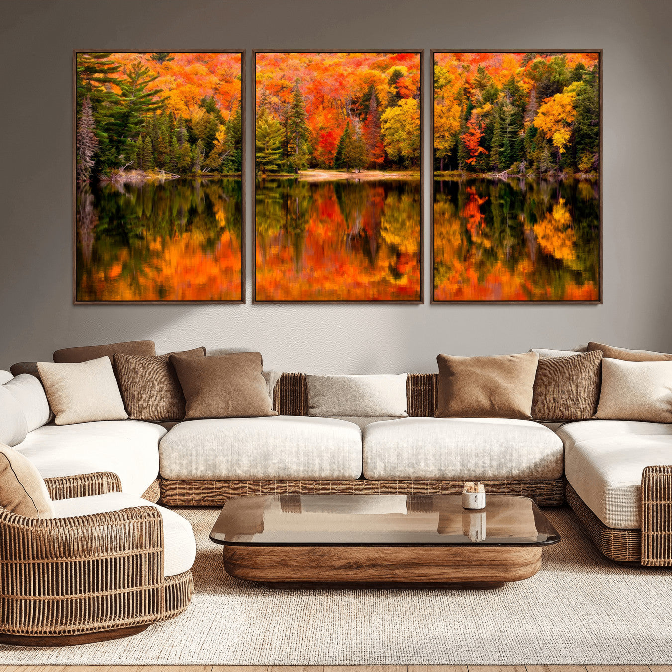-Forest Reflection Art | Autumn Forest Reflection Wall Art | Triptych Canvas Print | Vibrant Fall
