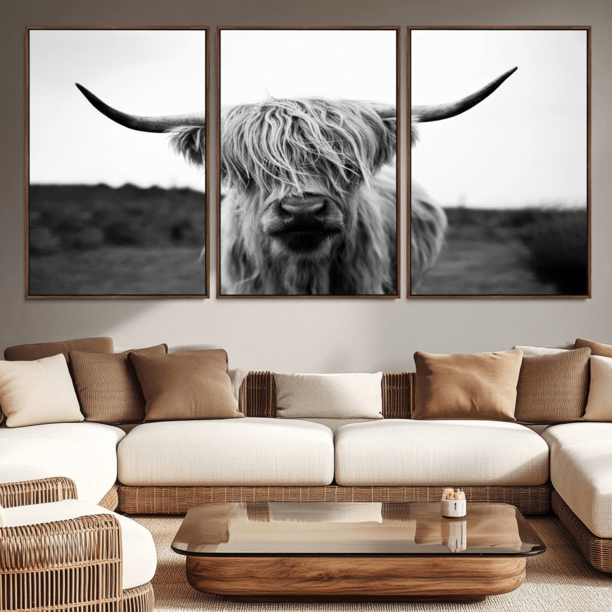 -Highland Cow Wall Art | Black and White Farmhouse Decor | Triptych Canvas Print | Rustic Barn Decor