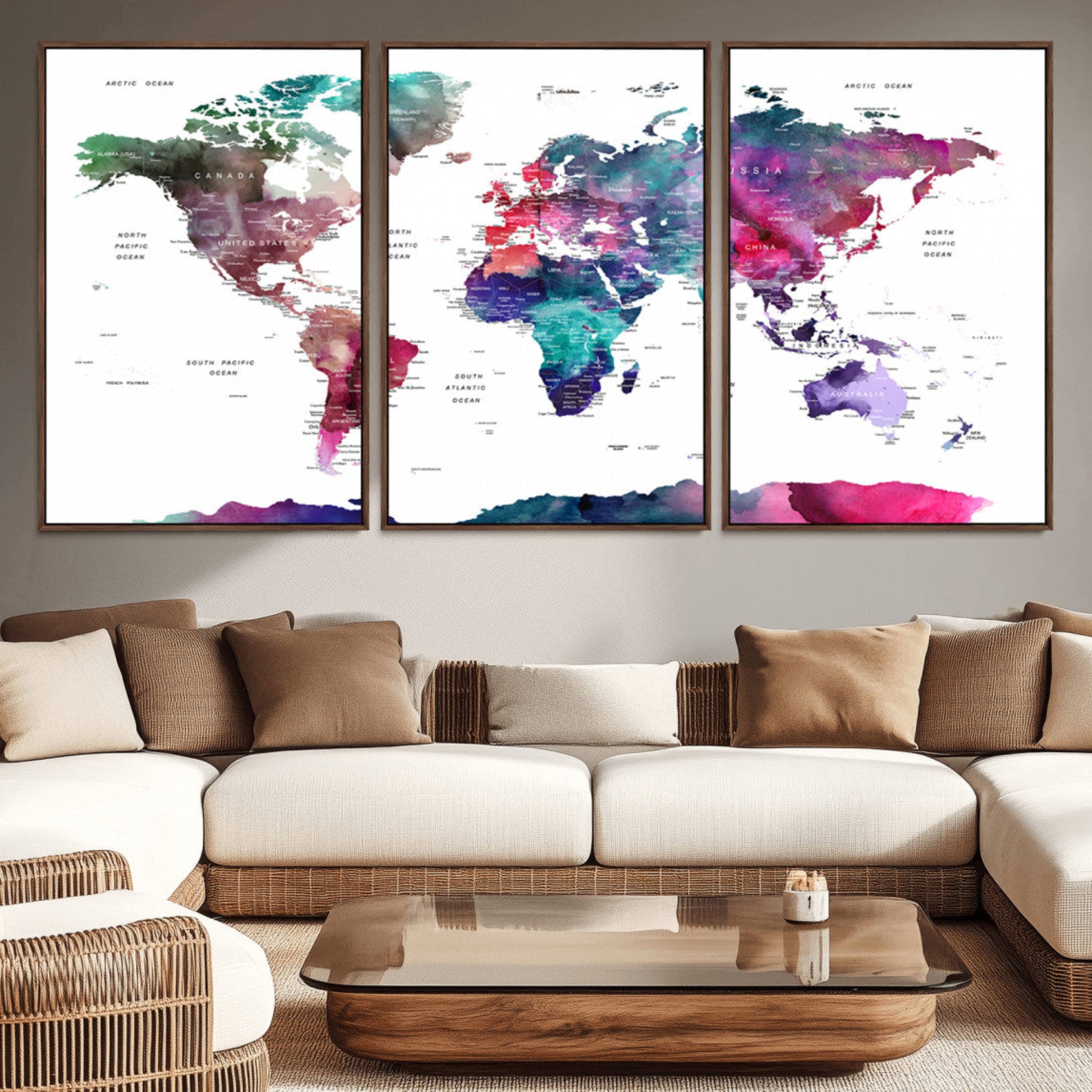 78176-MGV-CV-36X24-Colorful Watercolor World Map Canvas Wall Art – Framed Modern Map Print, Vibrant Travel Inspired Artwork for Home and Office Decor