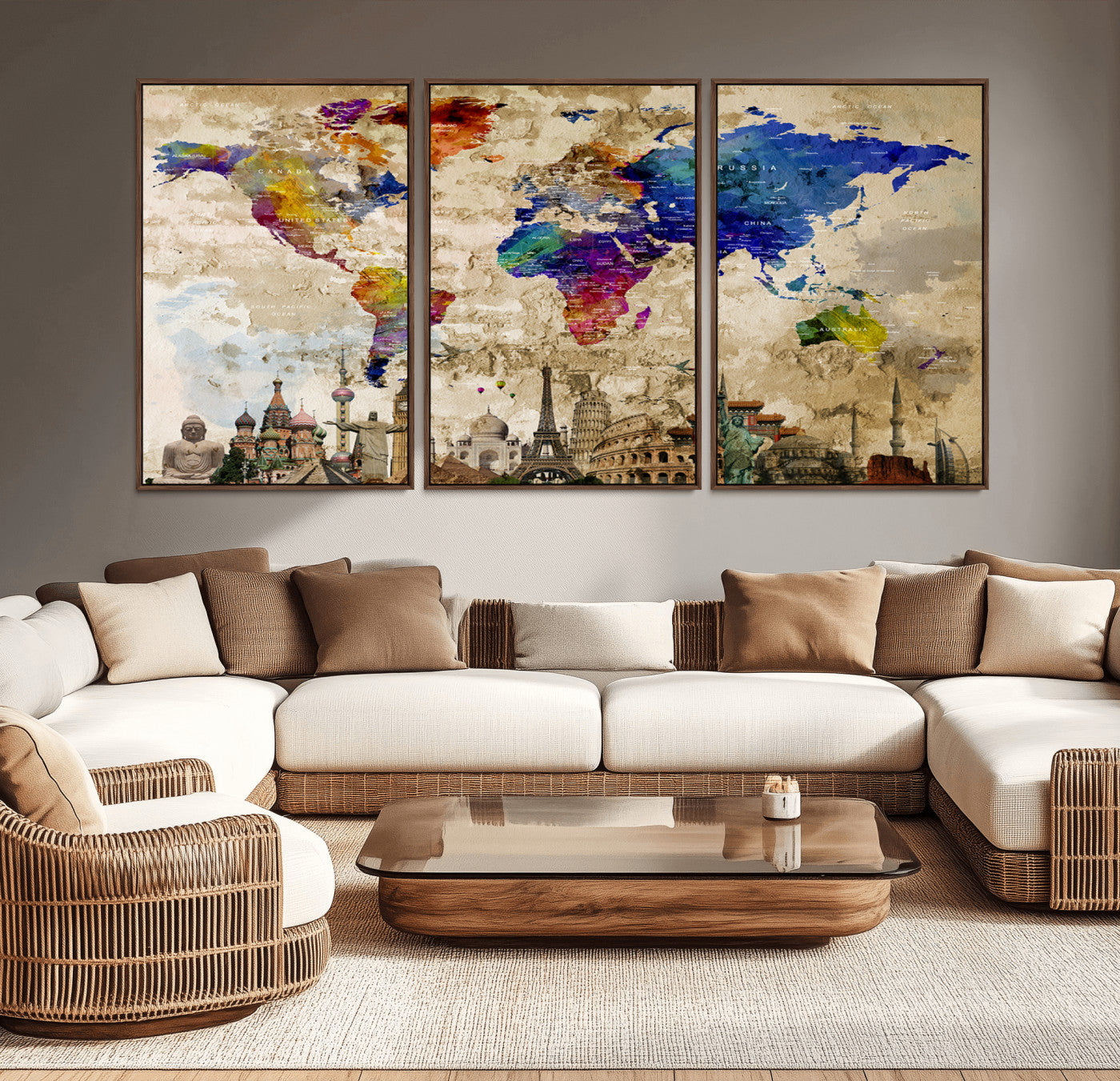 -Push Pin World Map Canvas Print – Framed Travel Tracker Wall Art for Couples, Anniversary Gift and Modern Home Decor