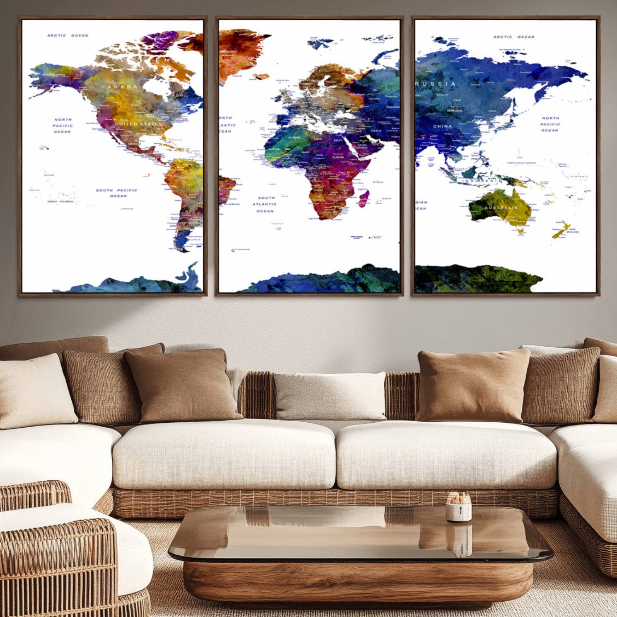 90446-MGV-CV-36X24-Colorful Watercolor World Map Canvas Wall Art – Framed Modern Push Pin Travel Map for Home and Office Decor