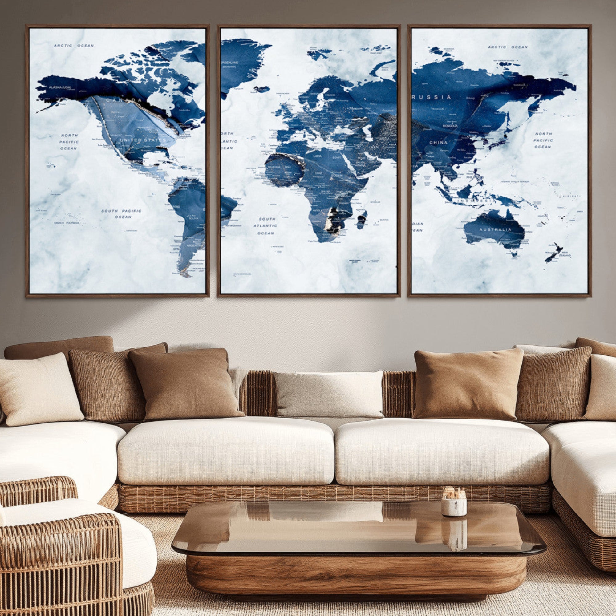 88266-MGV-CV-36X24-Modern Blue Marble World Map Canvas Print – Framed Push Pin Wall Art, Elegant Travel Map Artwork for Home Office or Living Room Decor