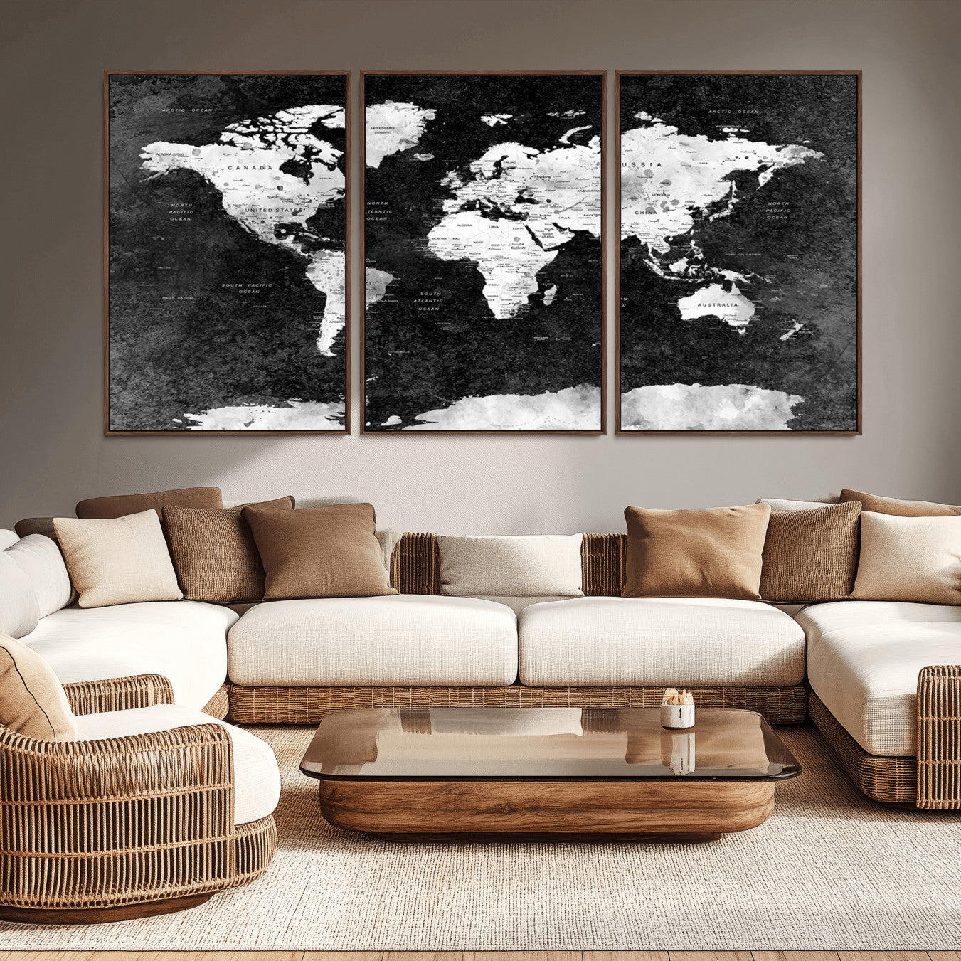90682-MGV-CV-36X24-Black and White World Map Canvas Print – Framed Push Pin Wall Art for Couples, Modern Minimalist Travel Map for Elegant Home and Office Decor