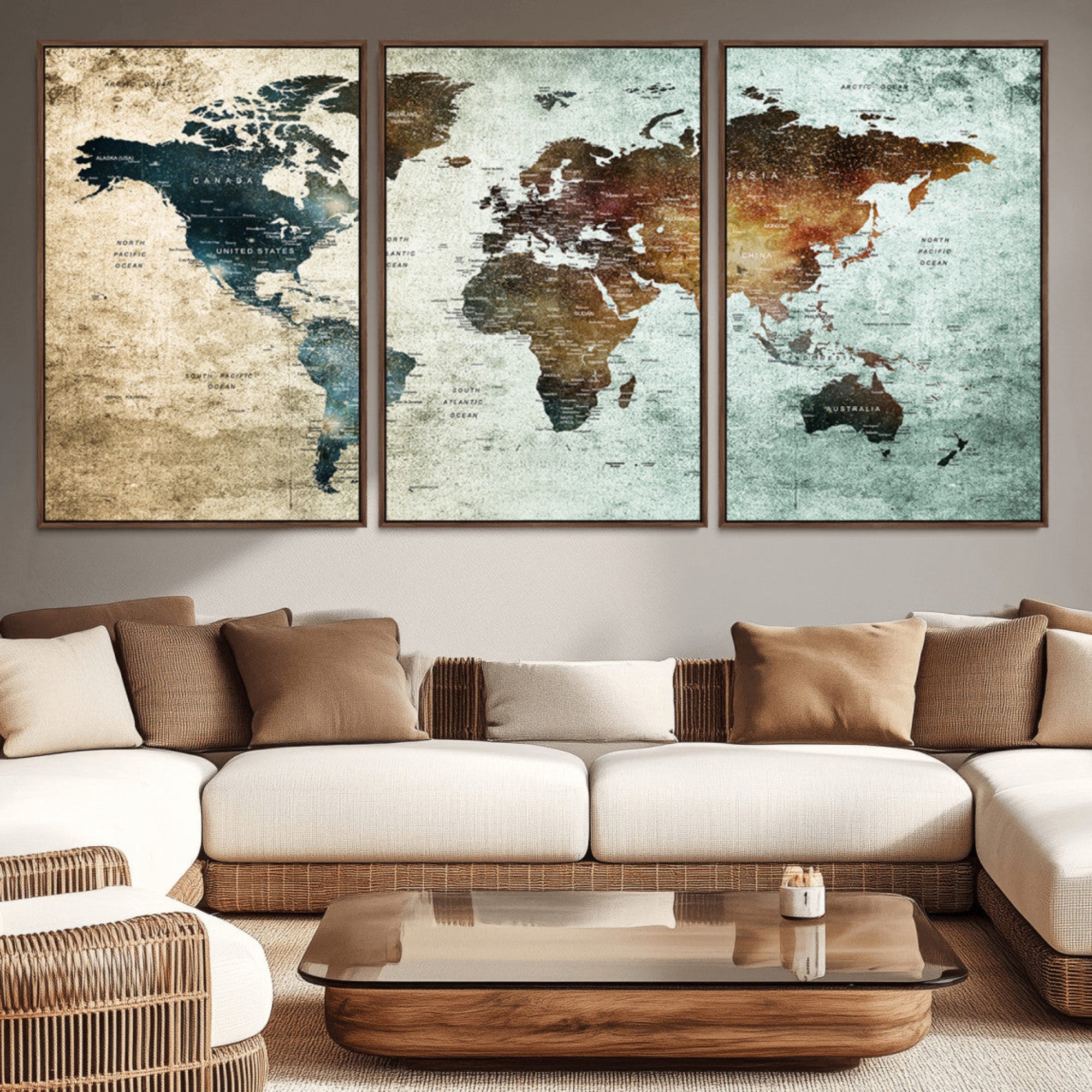 25140-MGV-CV-36X24-World Map Canvas Print – Framed Vintage Style Push Pin Wall Art, Elegant Travel Map Decor for Home or Office