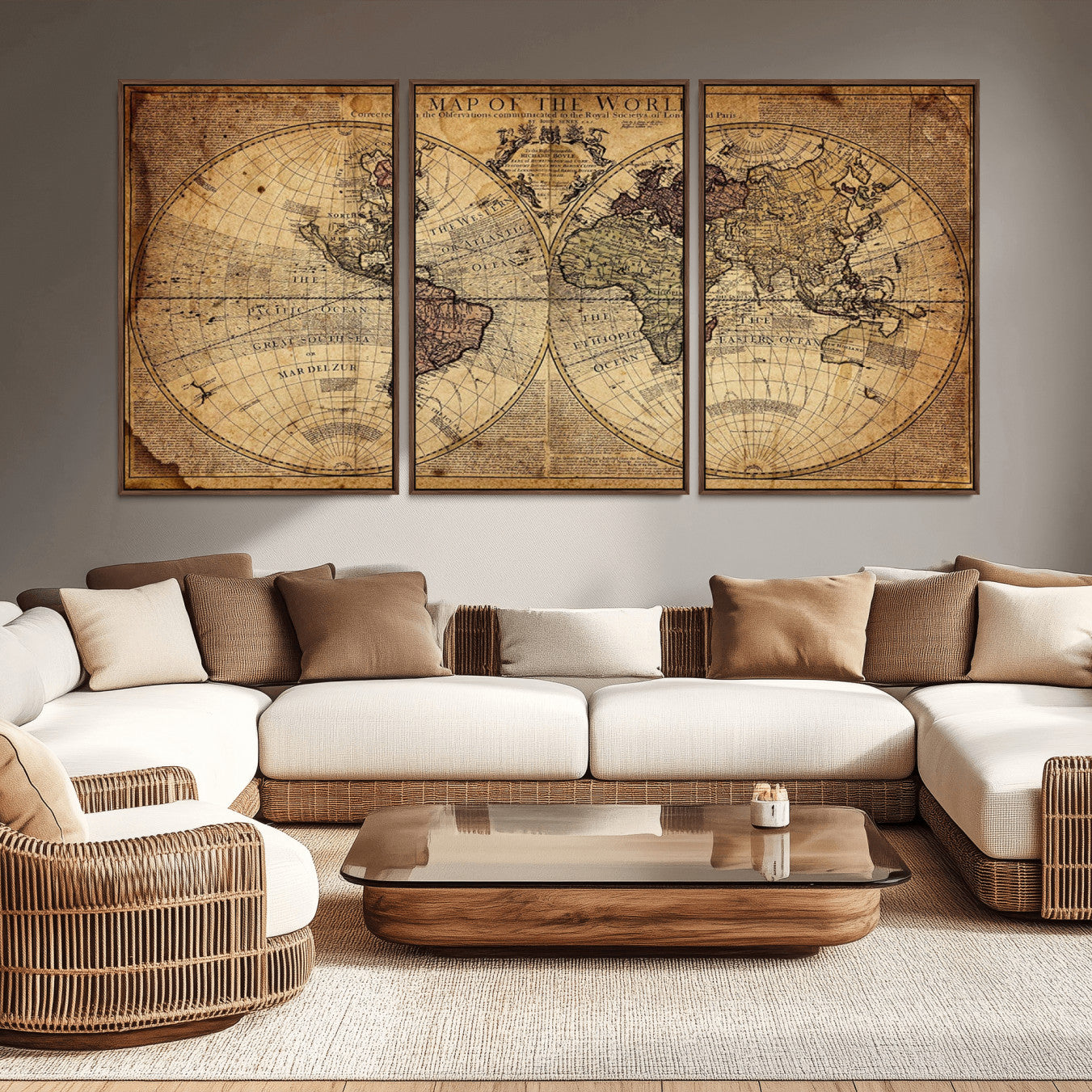 -Vintage World Map Wall Art Canvas – Antique Style Push Pin Travel Map, Framed Decorative Wall Decor for Home, Office